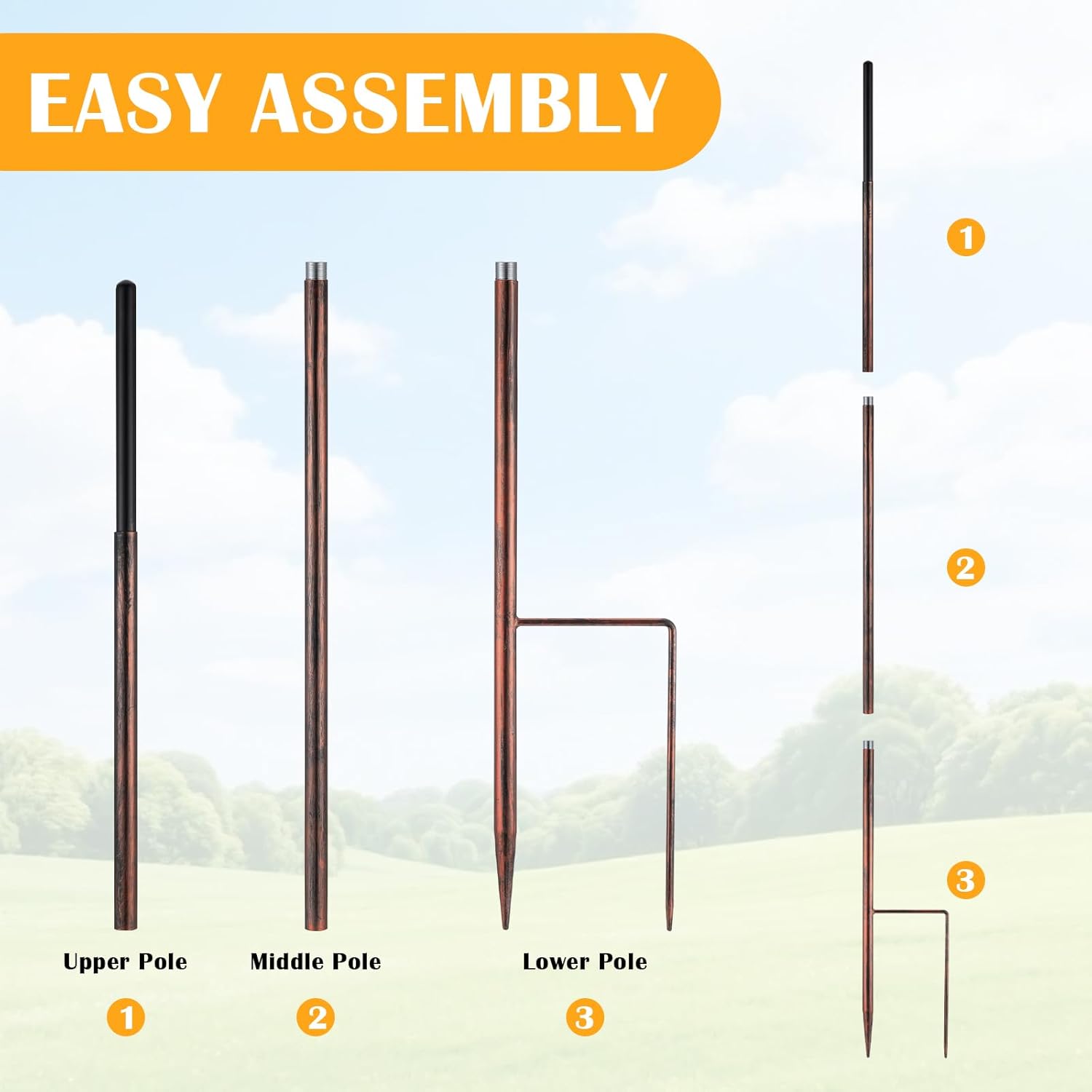LEIFIDE Copper Color 72" h Replacement Pole for Large Wind Spinner, Windmill Replacement Parts, Three-Part Composition, 22mm Thicker Tube, Easy Assembly for Large Metal Wind Spinner