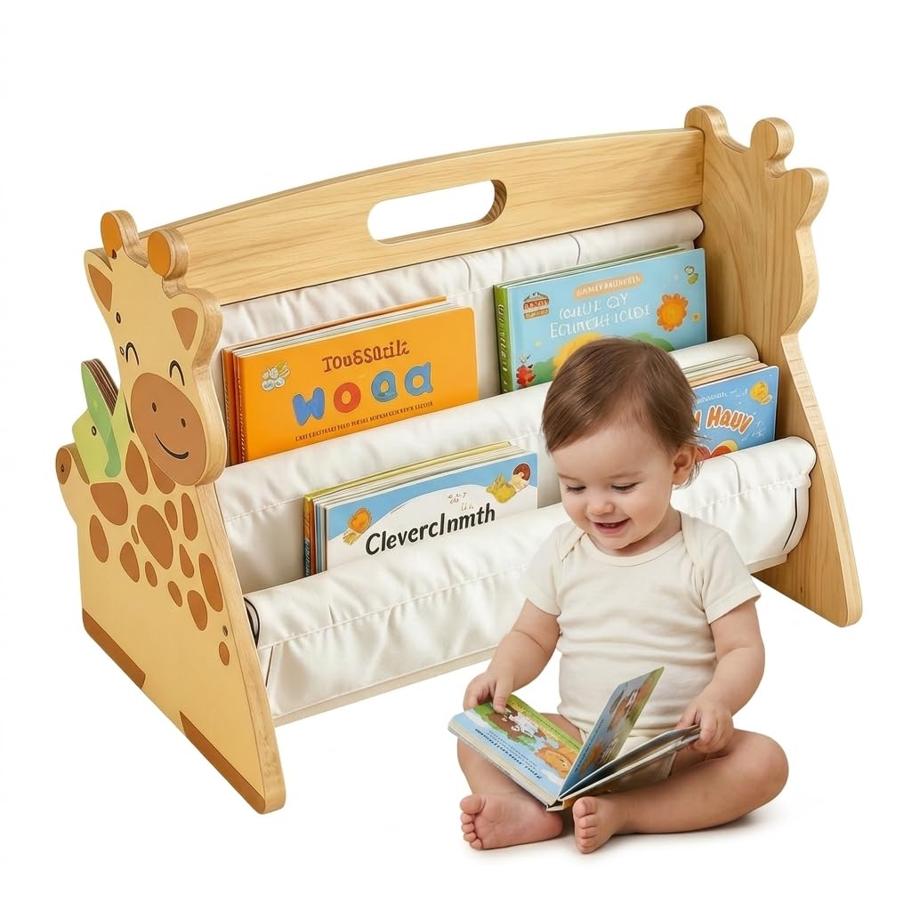 Kids Bookshelf Double Sided Wooden Sling Rack with Fawn Design 3+