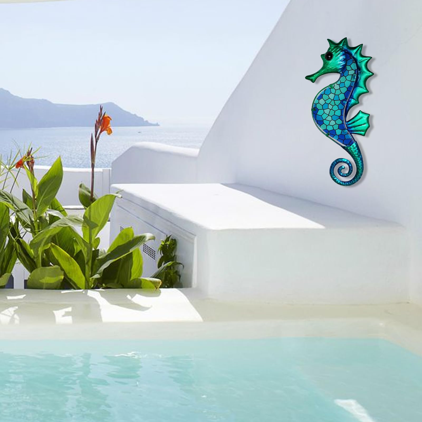 LIFFY Decoración de pared de metal con diseño de caballito de mar con mosaico de cristal, escultura costera, decoración colgante para el hogar, jardín, valla, piscina, playa, baño