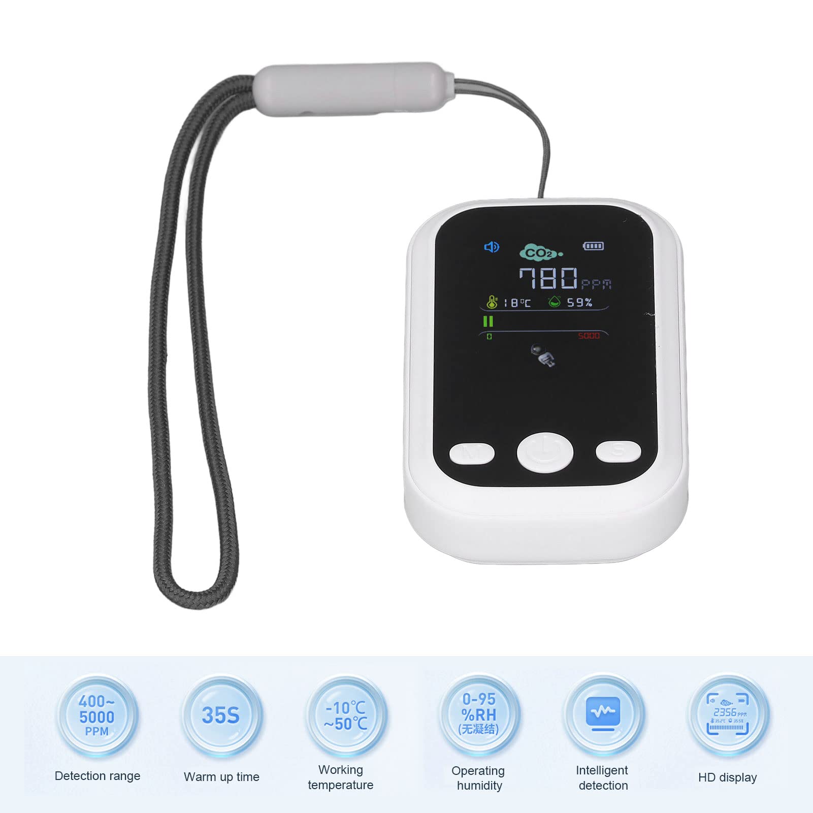 Détecteur de qualité de L'air, Détecteur de CO2 Détection NDIR Type C Testeur d'humidité de la Température de Compteur de CO2 Moniteur de qualité de L'air Portable (Blanc)