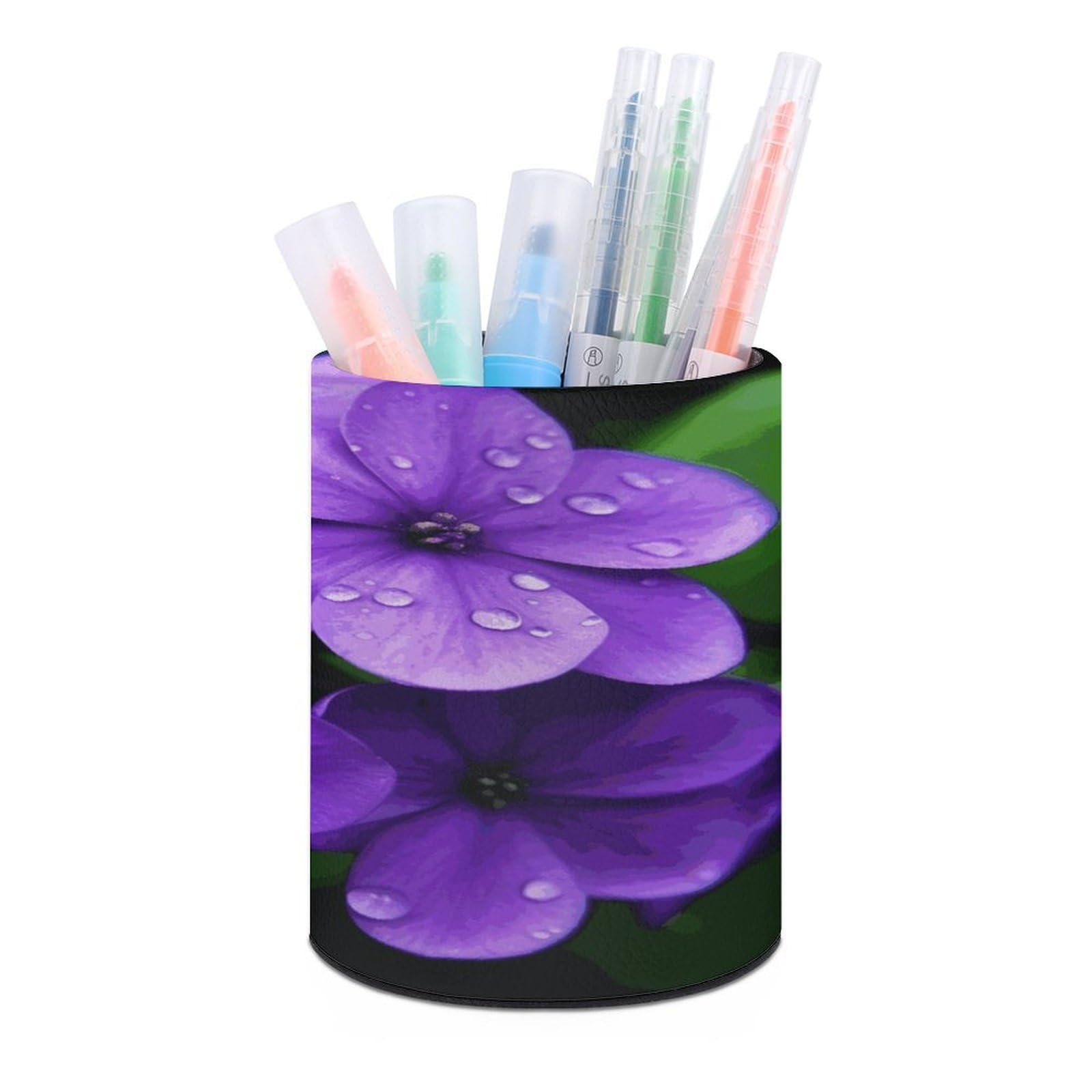 JTREHY Violet Flower Pen Holder Round Pen Pencil Holder Makeup Brush Holder Cup PU Leather Pencil Cup Desktop Caddy Stationery Organizer Case Office Accessories Container Box