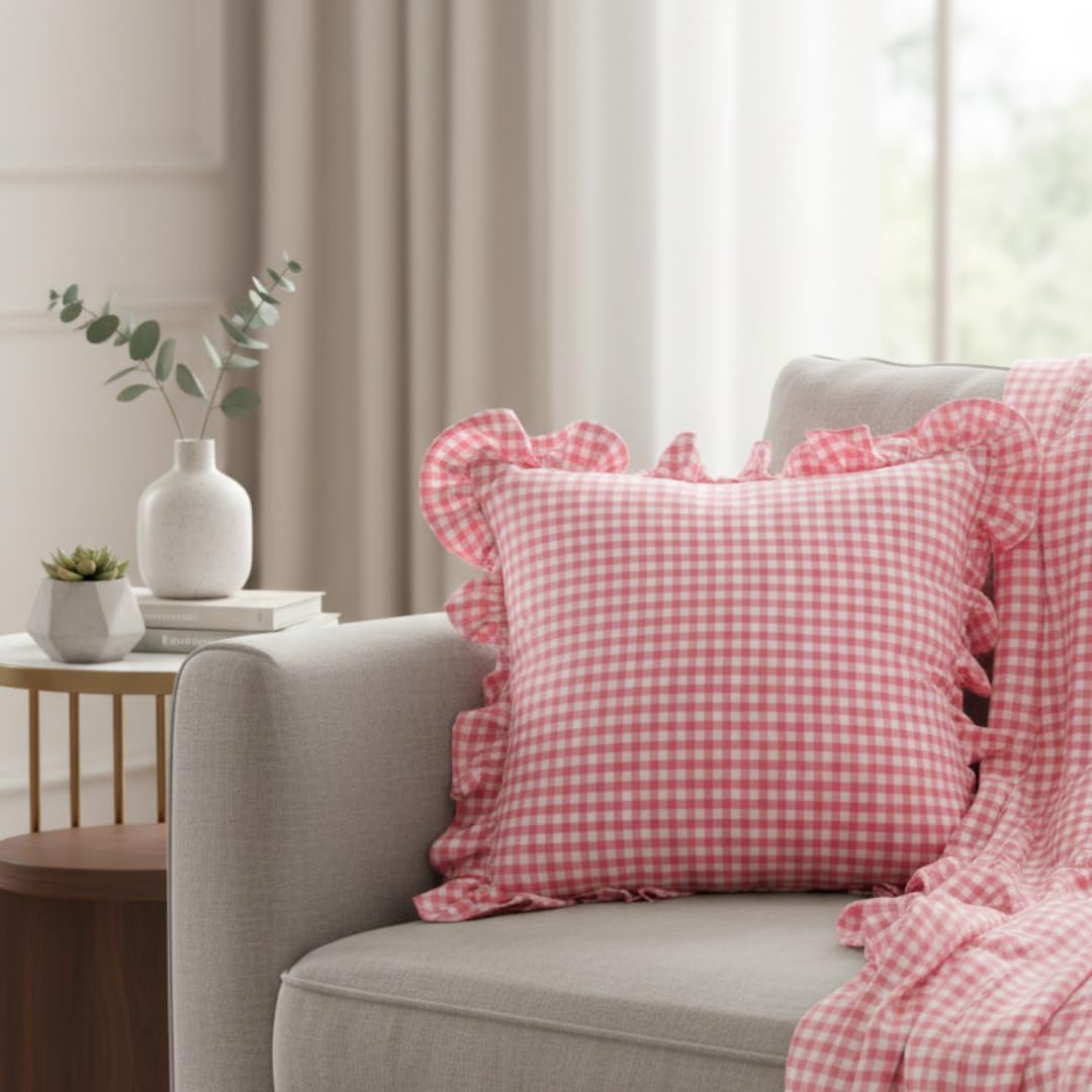 Pink Cushion Covers – 16x16 Inch | Checkered Design with Frill Borders & Zipper Closure | Decorative Cushion Cases for Sofa, Couch, Bedroom & Living Room | Cushion Covers 40x40 Cm-image-38