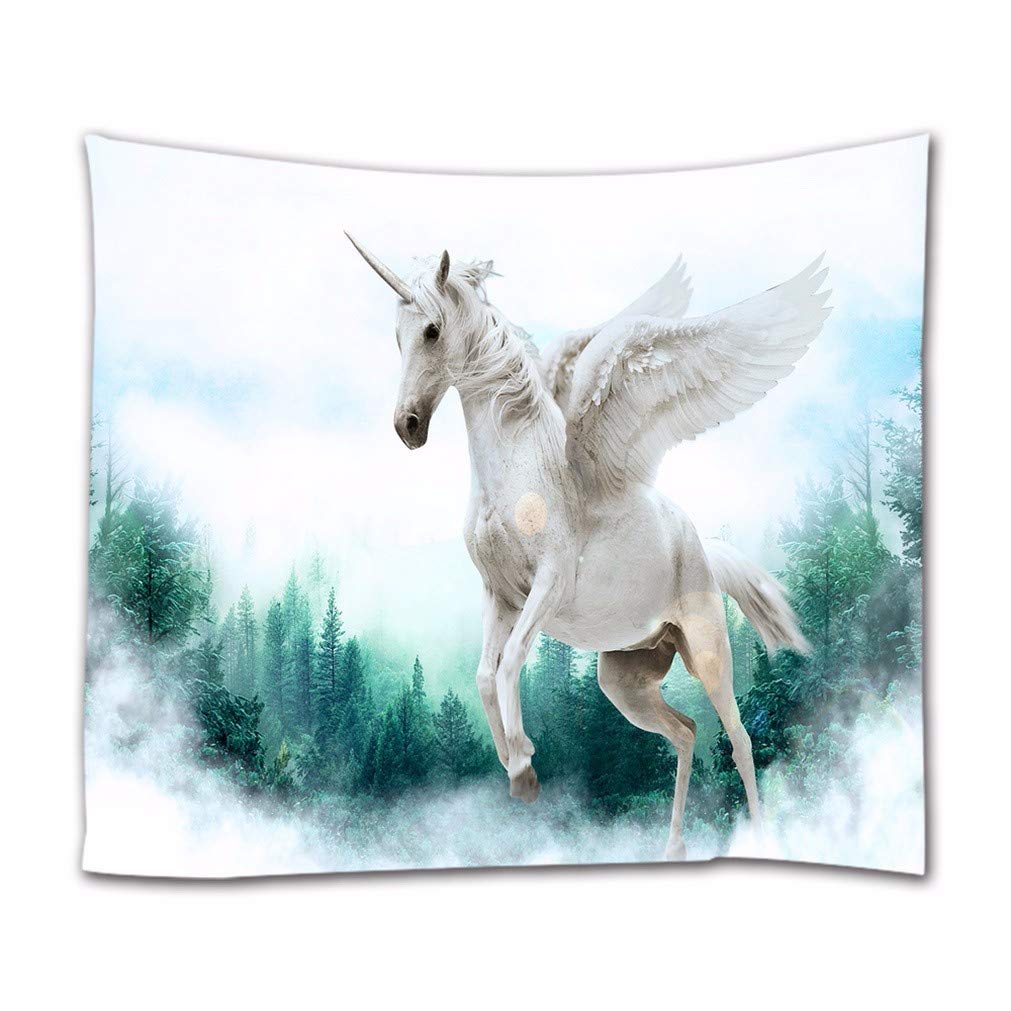 A.Monamour Fantasy Unicorn Flying Through Foggy Green Forest Trees Abstract Background Print Fabric Wall Hanging Tapestry Curtains Tablecloth Bedspread Beach Towel 180x230cm