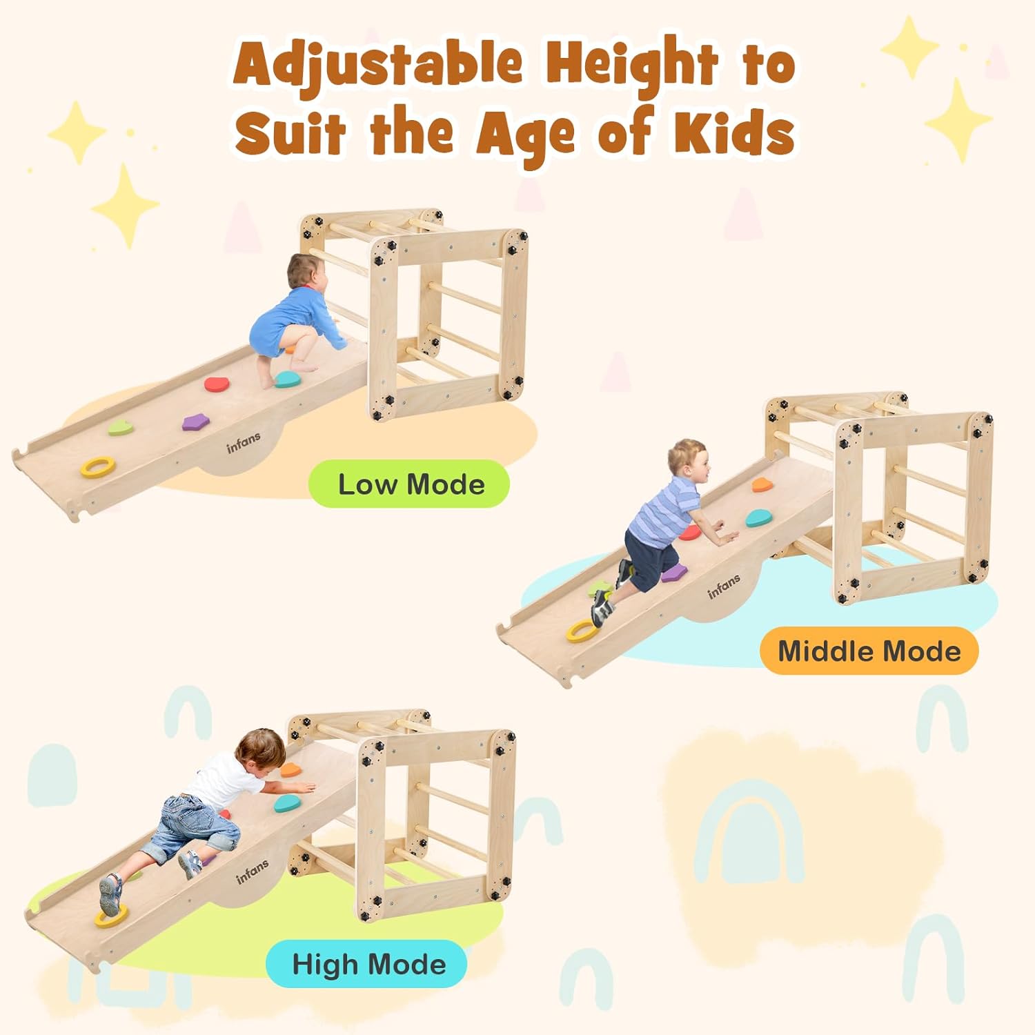INFANS 12 in 1 Climbing Toys for Toddlers, Upgrade Wooden Montessori Foldable Triangle Climber Set with Reversible Ramp Slide Ladder Seesaw, Indoor Pikler Climb Activity Jungle for Kids Age 3+