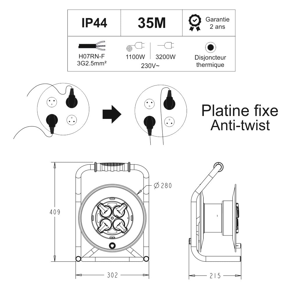 Enrouleur PRO de Chantier 3G2.5 40m IP44 Platine Fixe (Anti Twist) - Câble H07RN-F - 4 Prises 16A