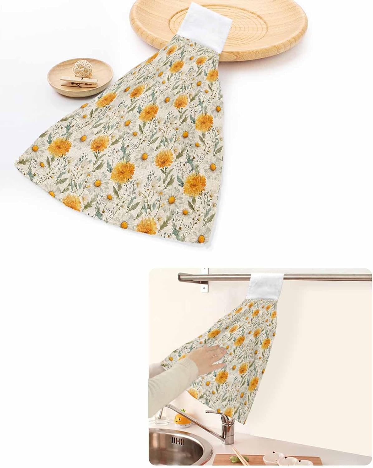Spring Daisy Kitchen Hand Towels with Hanging Loops Set of 2 Country Vintage Yellow White Floral Leaf Soft Thick Oven Fingertip Dry Microfiber Tie Dish Towel Absorbent Cleaning Washcloth for Bathroom