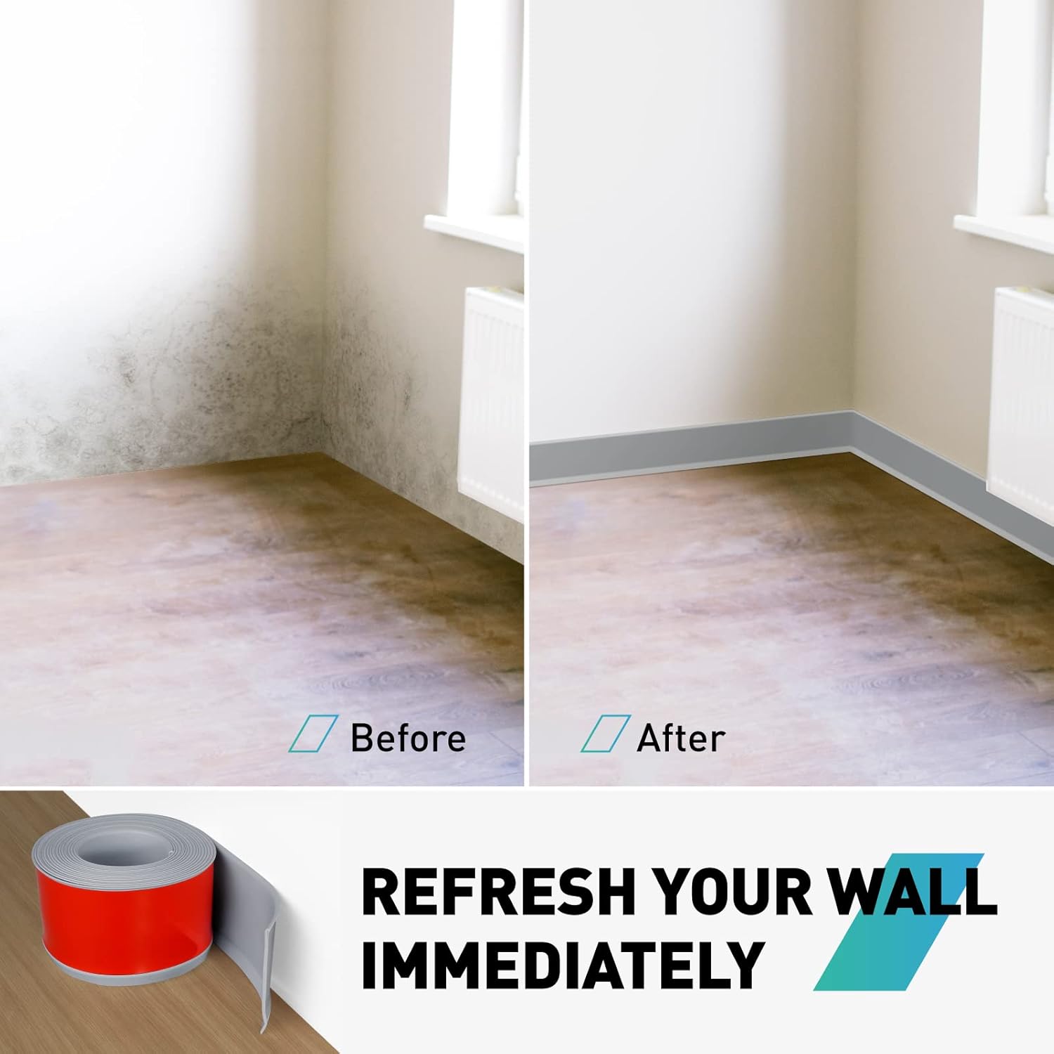 Baseboard Trim,4 Inch(W) x 40 Feet(L) Peel and Stick Flexible Baseboard Molding Trim, Self Adhesive Vinyl Baseboard Cove Base, Base Boards for Walls with 1 PCS Utility Knife,Gray