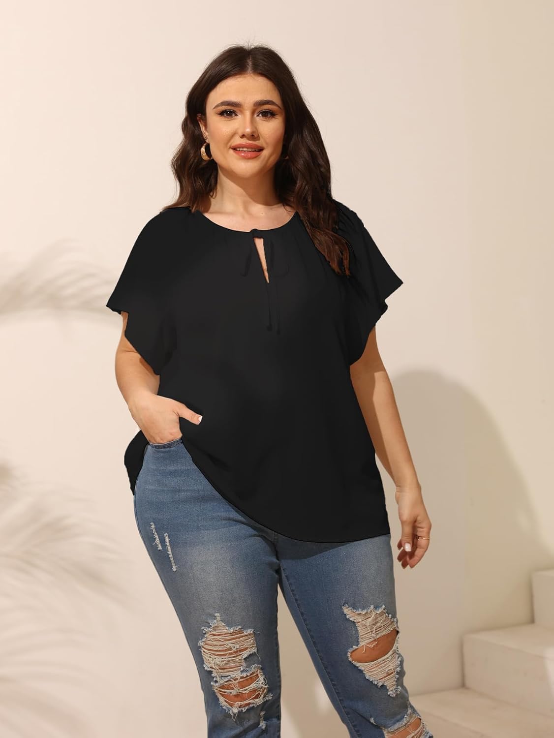 Plus Size Blouses for Women V Neck Short Sleeve Summer Tops Drawstring Blouse Loose Casual Flowy Shirts - Image 4