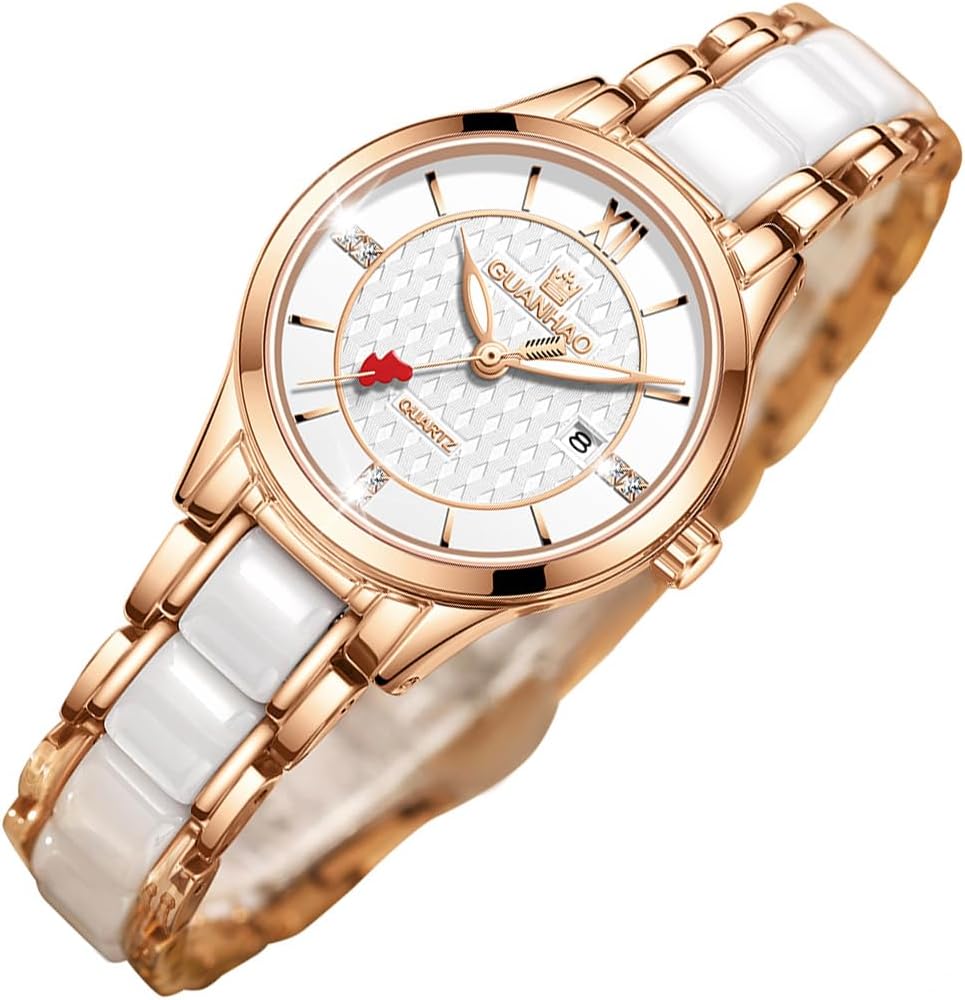 GUANHAO Ceramic Watches for Women, Fashion Ladies Watch Elegant Dress Women's Wristwatches with Diamond Accented Waterproof Calendar Mineral Glass