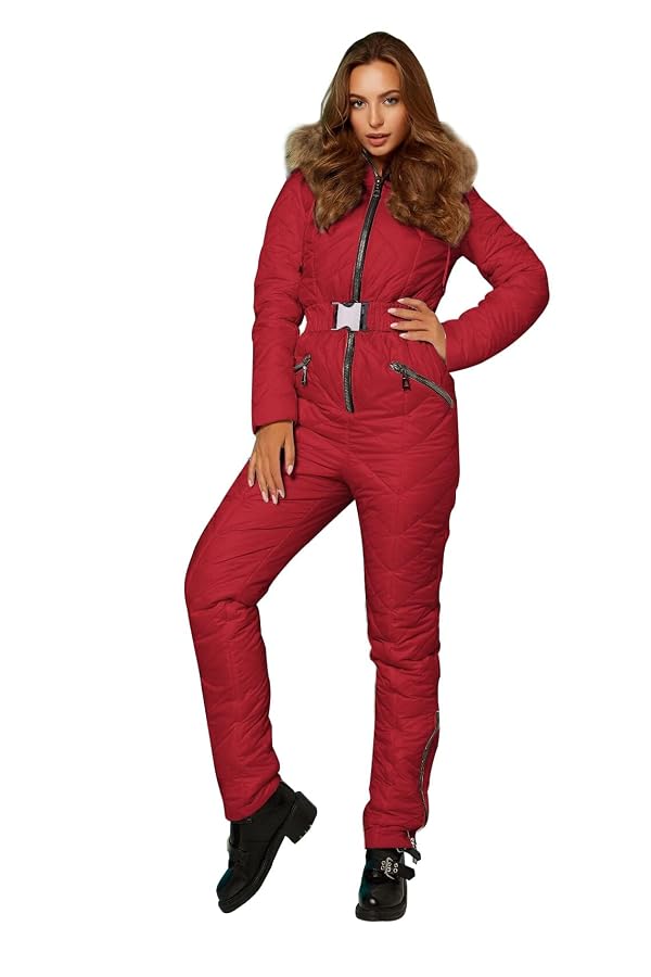 Yousify Womens Winter Ski Suit One Piece Hooded Fur Collar Ski Jumpsuit Snowsuit Outdoor Sports Coat by Yousify - Image 2