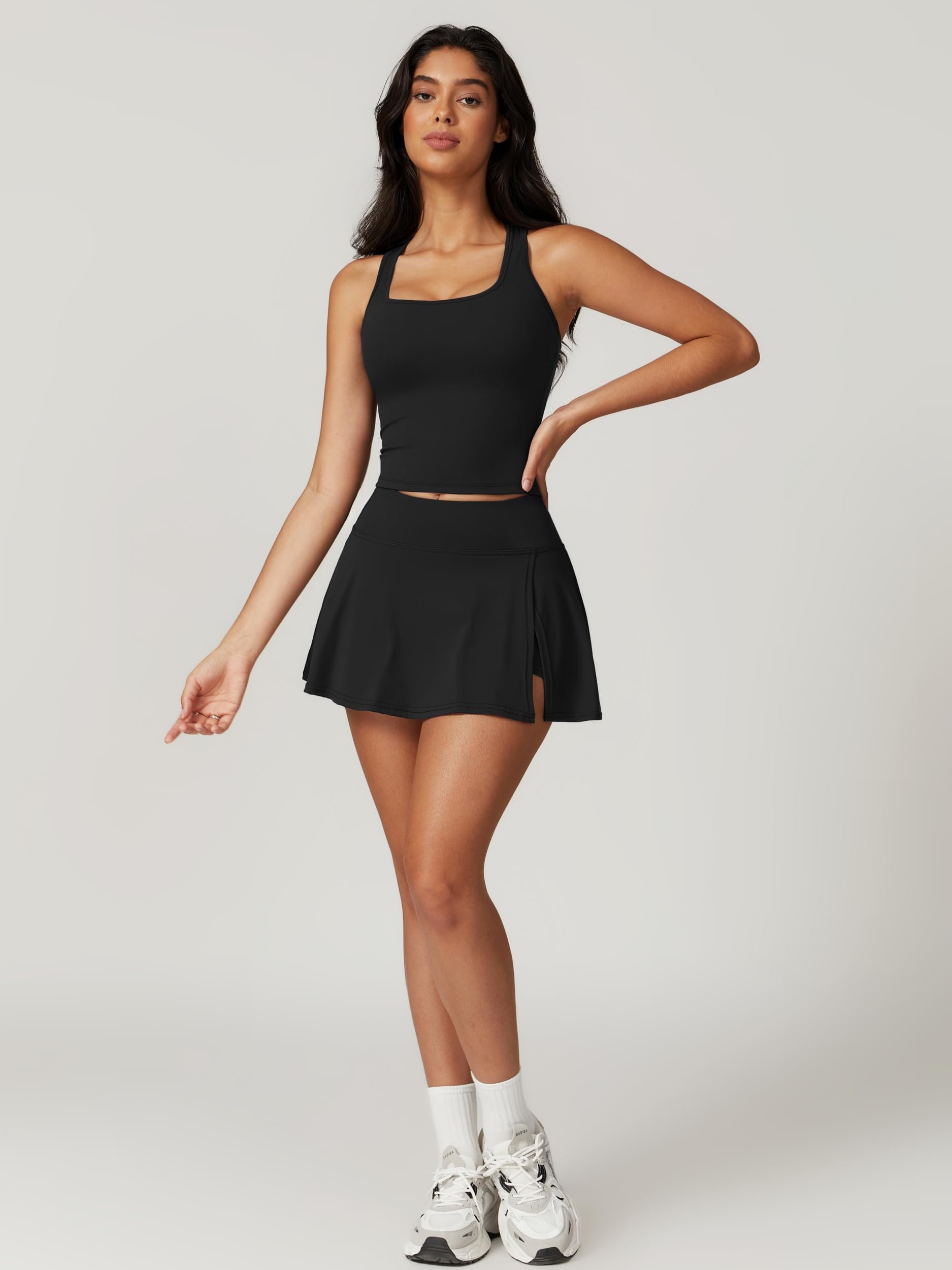 ABOCIW 2-teiliges Tenniskleid für Damen, Seitenschlitz, Minirock-Set, Racerback, Workout, bauchfreies Tank-Top, Golf-Outfits