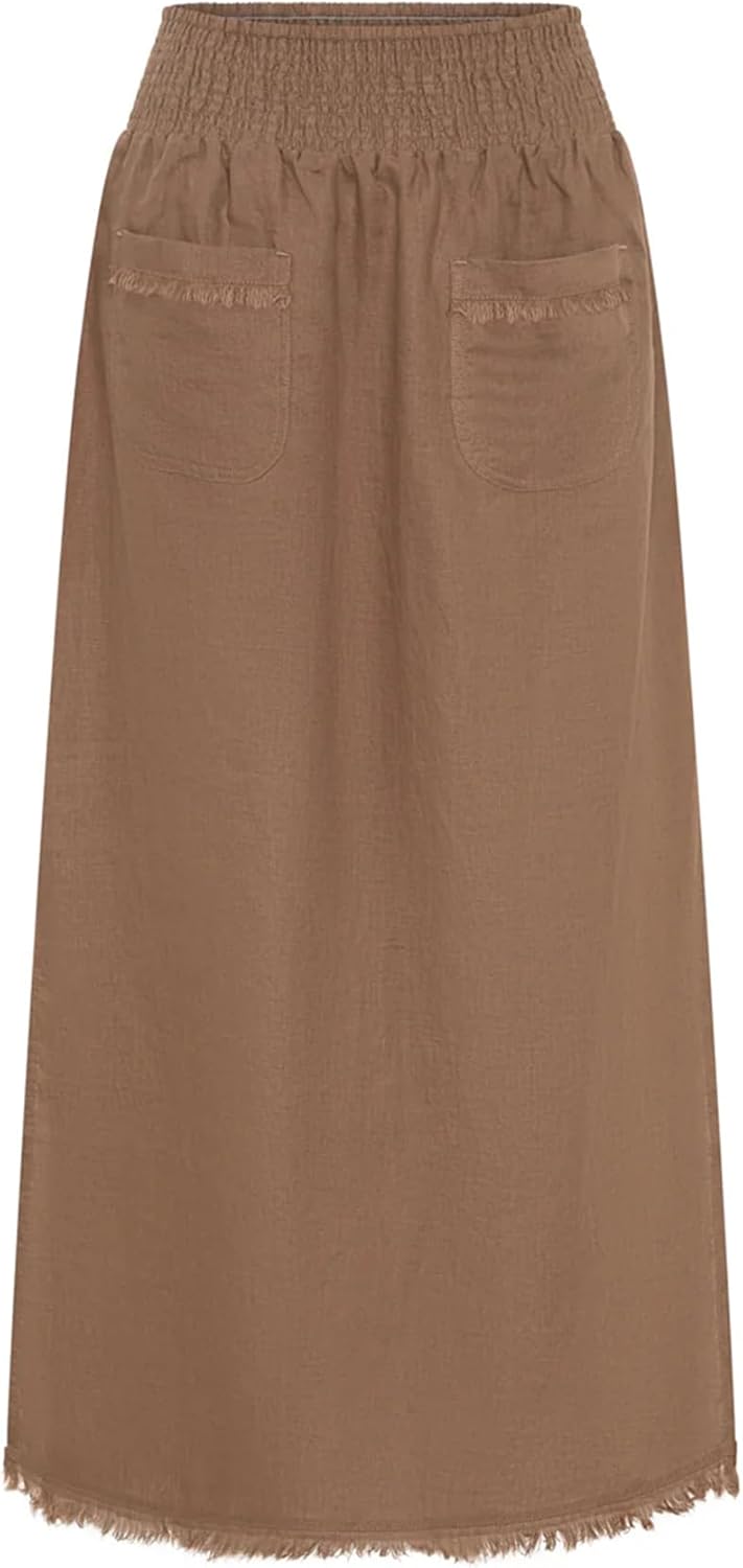 Songling Women Linen Maxi Skirt A-Line Elastic Waisted Long Skirt Casual Side Slit Skirts with Pockets 2026 Summer Clothes