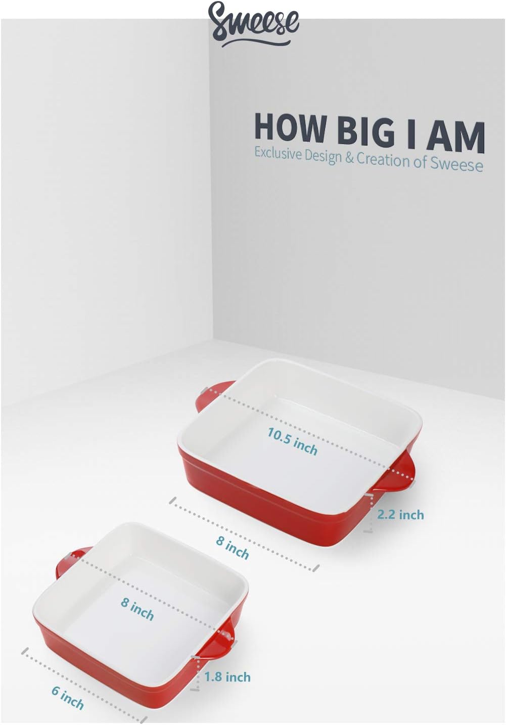 Sweese 514.204 Porcelain Baking Dish Set of 2, Square Lasagna Pans, 8 x 8 inch & 6 x 6 inch Non-stick Brownie Pan with Double Handle - Red