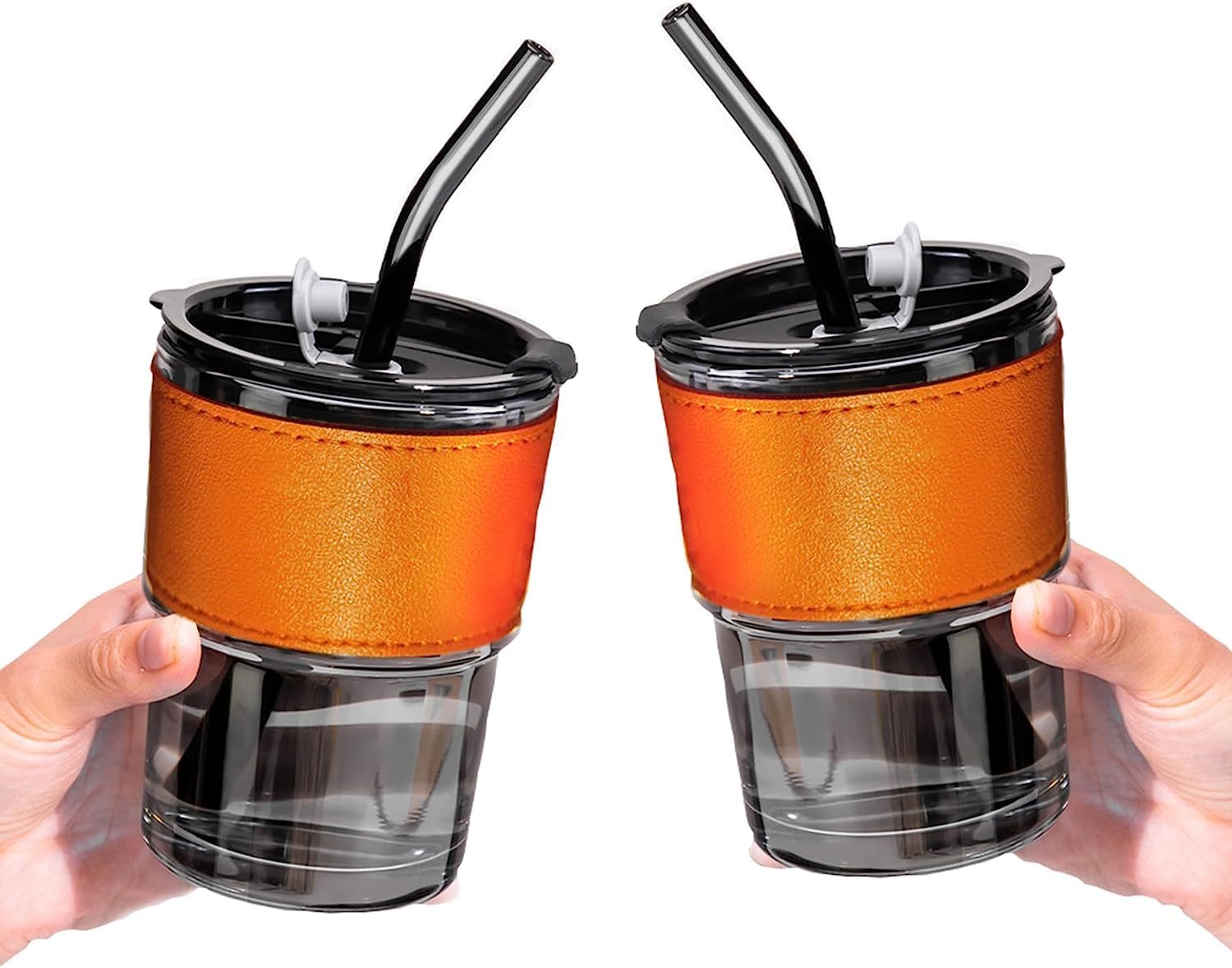 KiKiluxxa Black Glass Kids Fruit Juice Milk Sipper Tumbler Mug with Straw and Lid - 435Ml - Pacl of 2 - Green Tea Coffee Soda Can Cup with Straw (B Zondo 2)