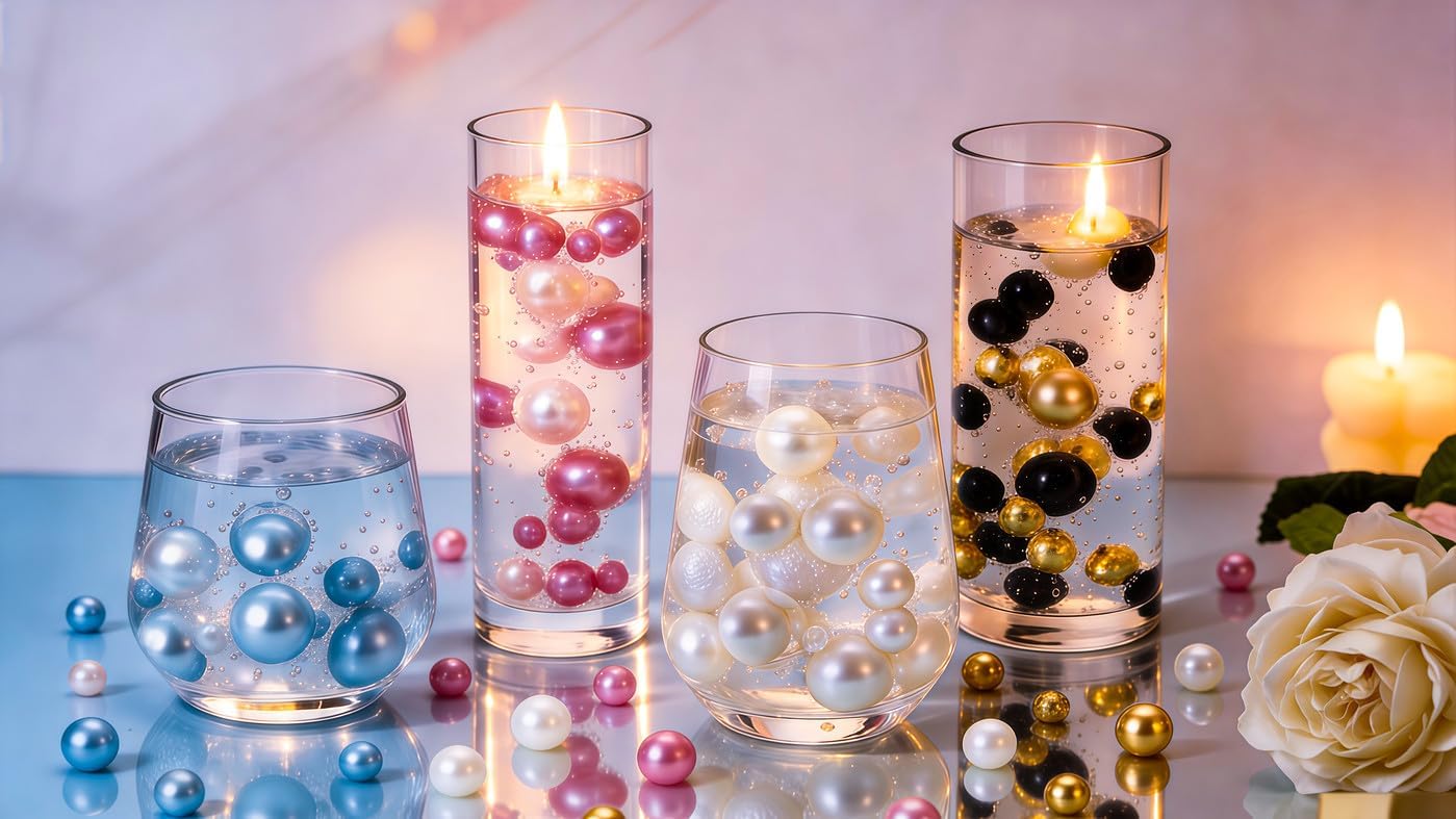 LAIDANLA 240Pcs Lightblue Vase Filler Pearl Beads 8/14/20 mm Round Beads Centerpieces Vases for Vase Filling Decorations Wedding Centerpieces Party Table Decor