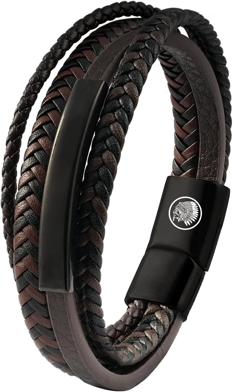 Casisto.JMens Leather Bracelet, Classic Handmade Braided Black, Brown and Blue Cuff Bracelet with Magnetic Clasp and Simple packaging