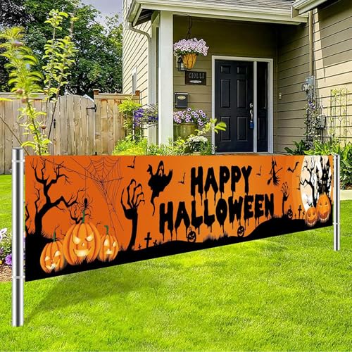 Happy Halloween Banner, Orange Black Long Fabric Pumpkin Ghost Moon Trick or Treat Yard Sign Backdrop for Wall Yard Fence Garden Party Decoration and Photo Props