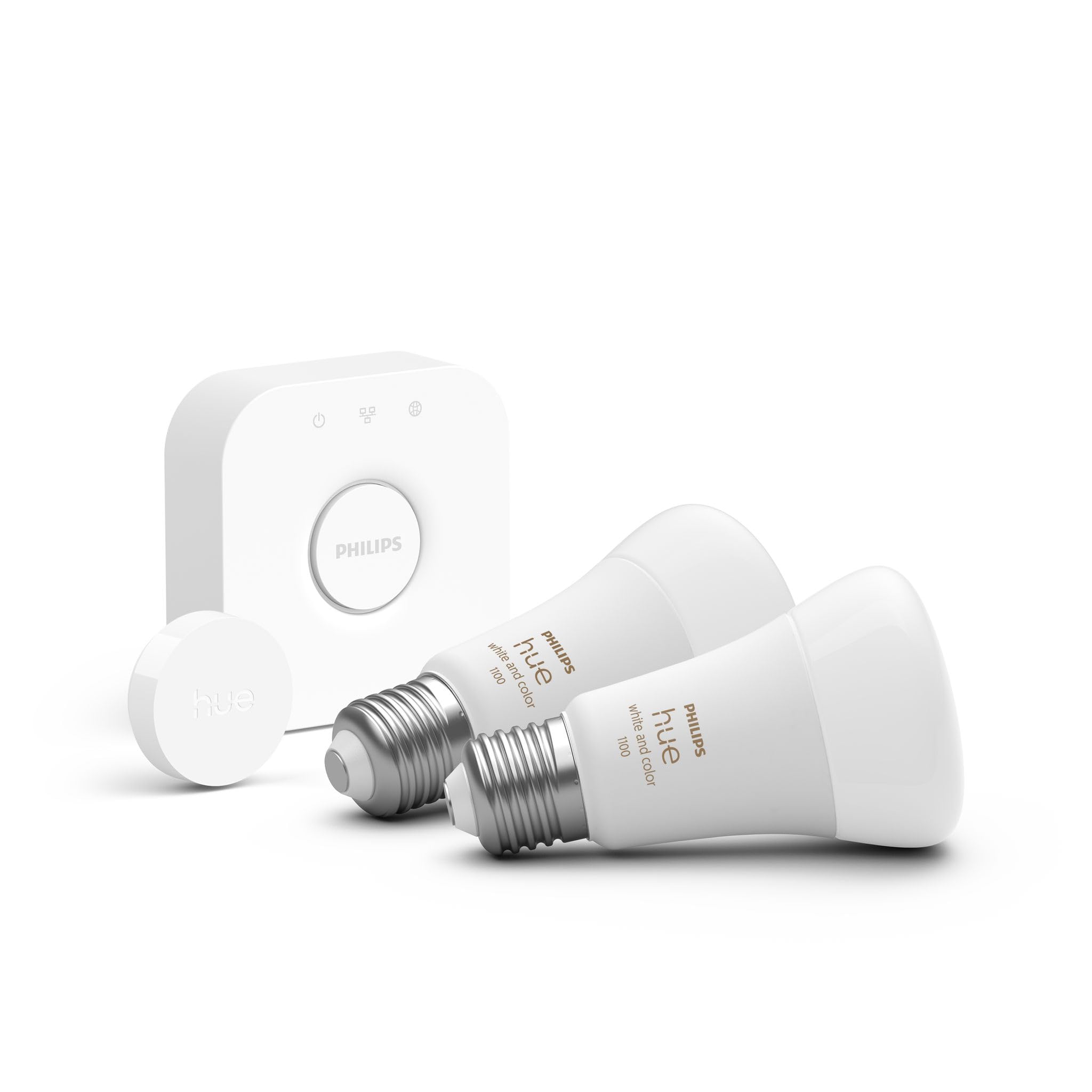 Philips Hue Kit Inicio Pro: Bridge, Smart button, 2 bombillas led inteligentes E27, Luz Led Blanca y Colores, funciona con Apple Home, Amazon Alexa, Google Assistant, Samsung SmartThings