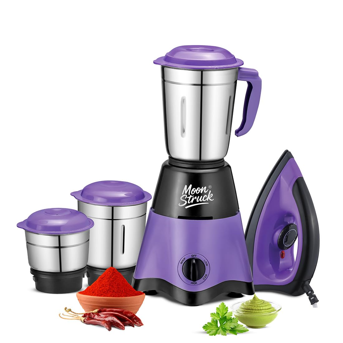 Moonstruck By Suprimo Star Purple 750 Watt Mixer Grinder With 3 Stainless Steel Jars Combo 1100 Watt Iron|ABS Body|CNC Hybrid Motor|1 Year Warranty|Mixie Home| Chutney Making|Dry Grinding|Wet Grinding-image-0