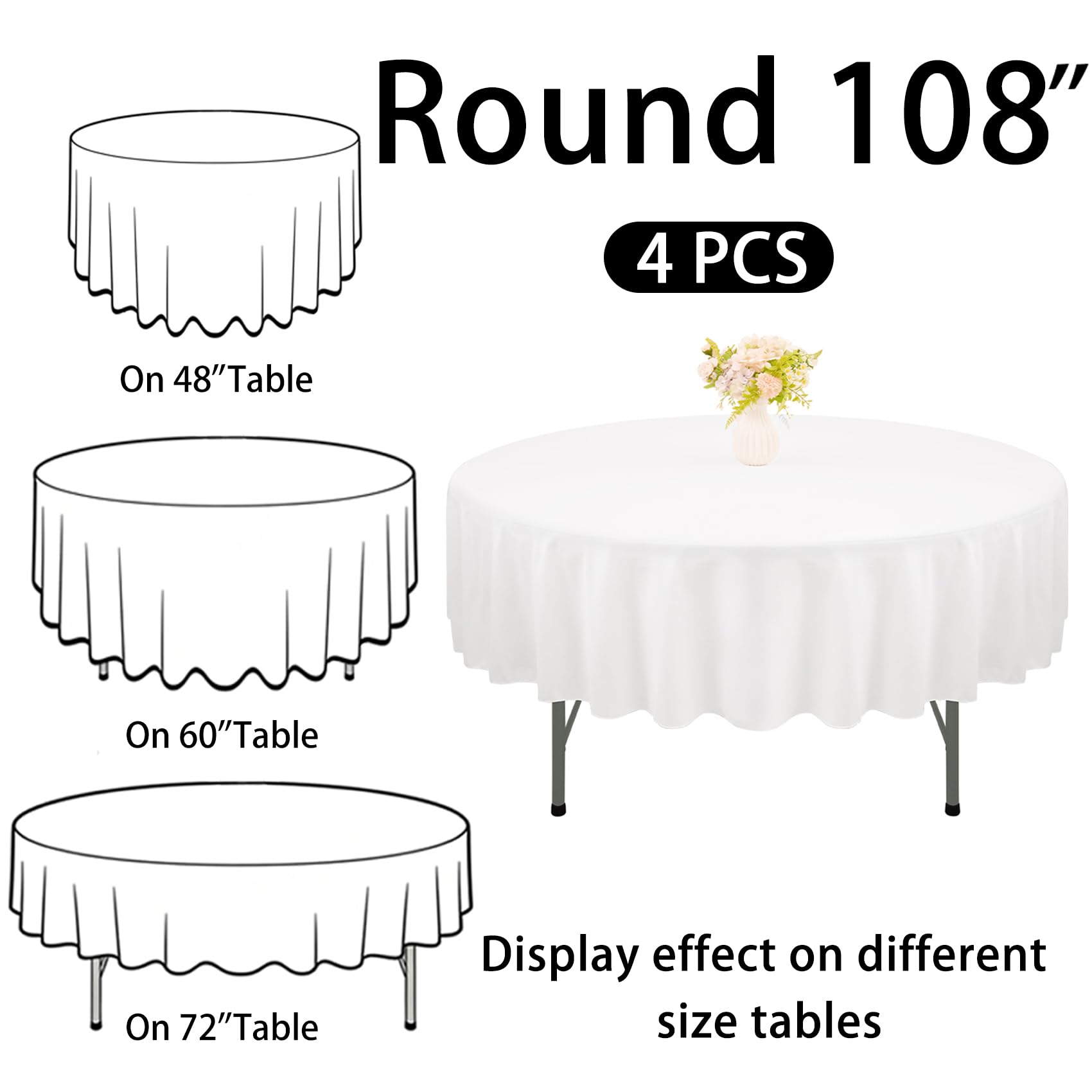 Paquete de 4 manteles redondos de poliéster de 108 pulgadas, manteles blancos para mesas redondas, manteles de tela lavables para bodas, mesas de comedor, bufé, fiestas, banquetes (blanco)