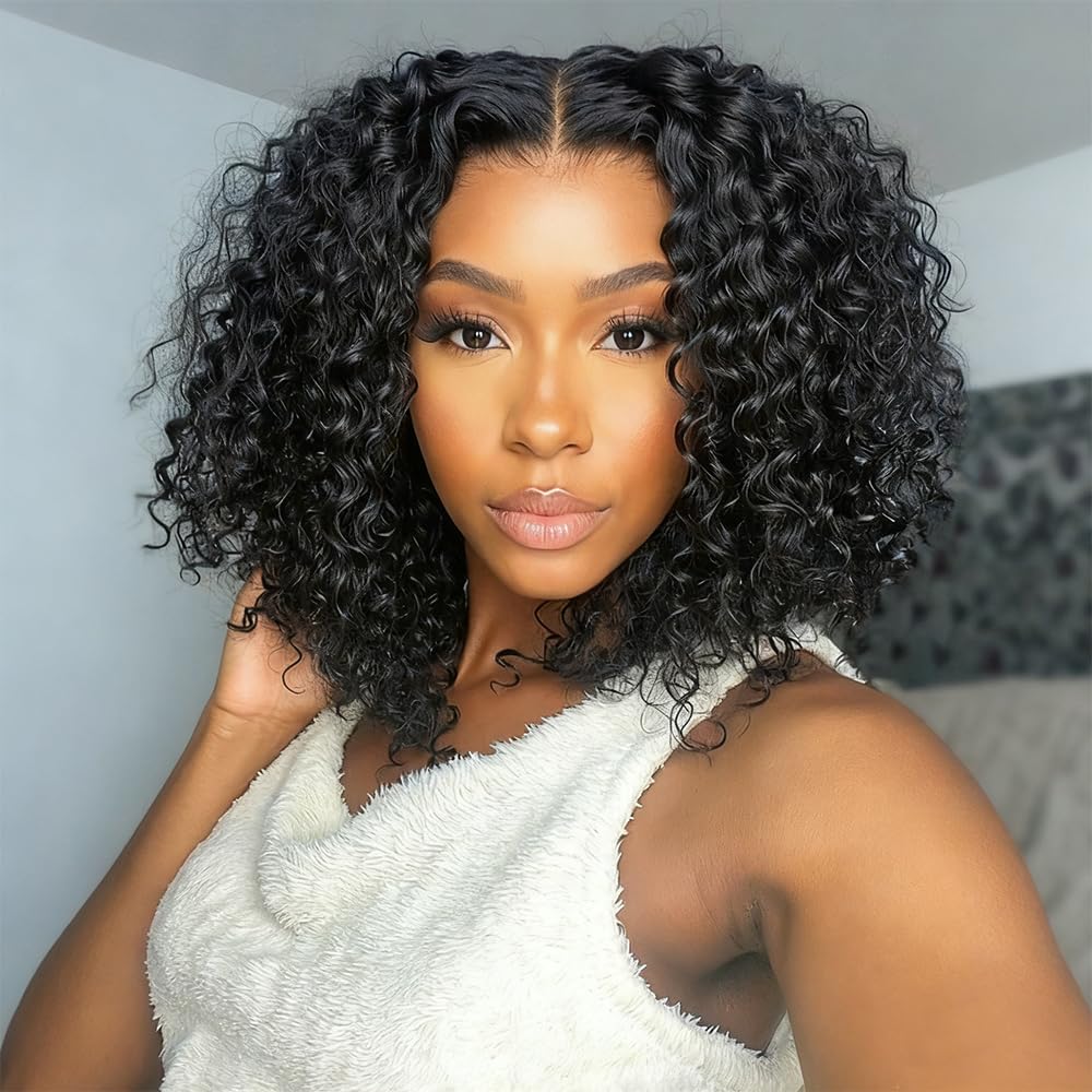 Deep Curly Bob Wig Human Hair 13x4 HD Lace Frontal Wigs Pre Plucked 180% Density Wet and Wavy Lace Front Bob Wigs Human Hair Glueless for Black Women 14 Inch