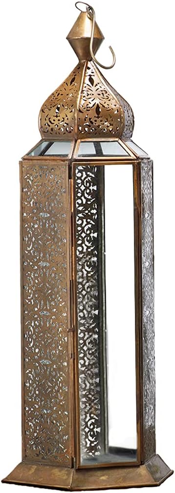 Serene Spaces Living Antique Bronze Decorative Metal Lantern, Scrollwork Pattern Candleholder, Bronze Lantern Centerpiece for Weddings, Parties, Measures 5.75" Diameter * 16" Tall