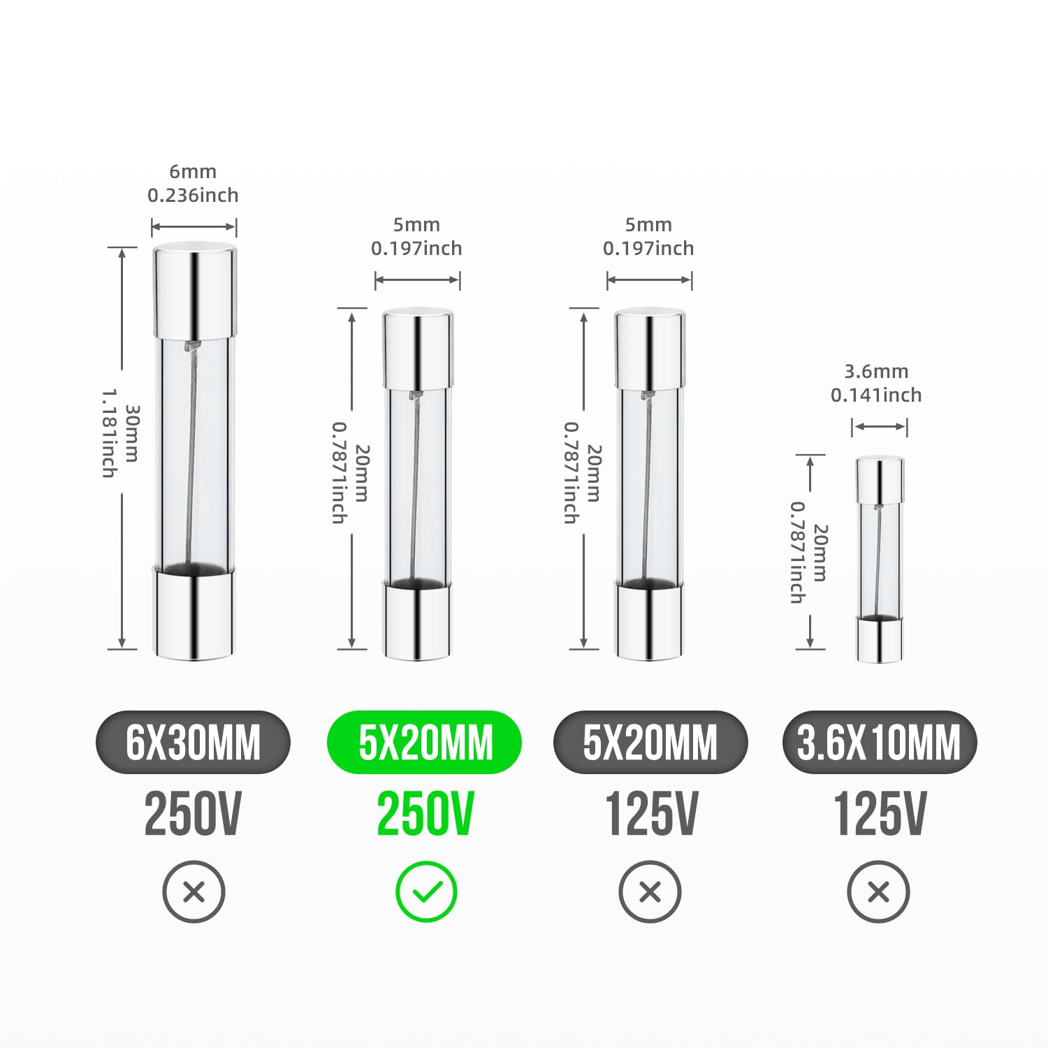 Paquete de 20 fusibles de vidrio de 5 A de soplado rápido de 5 A, 250 V, 5 x 20 mm (F5AL, 250 V)