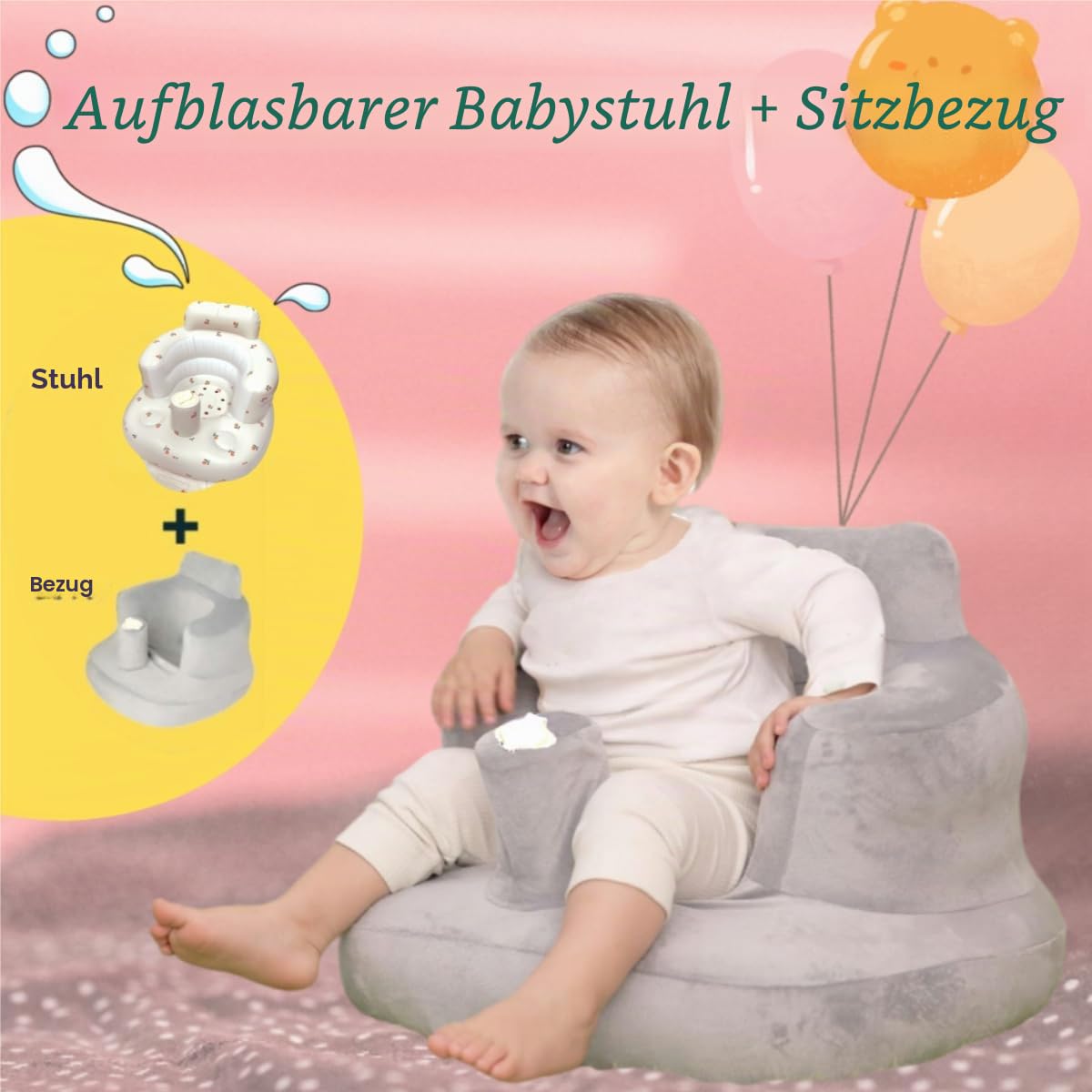 Aufblasbarer Baby-Sitz für Babys ab 4-24 Monaten,Baby-Rückenstützsofa,Boden-Sitzunterstützung zum Sitzen lernen (Tulpe+Sofabezug)