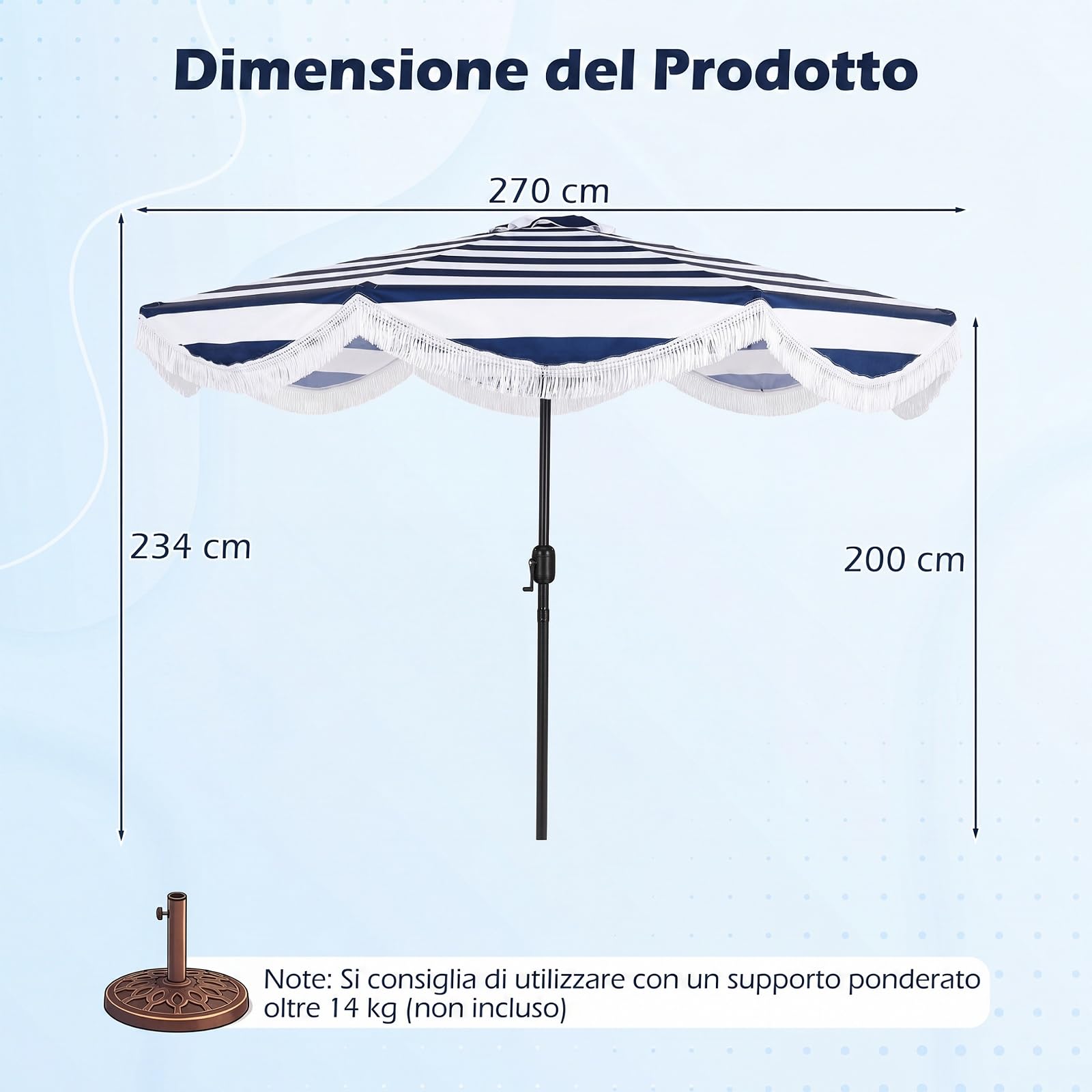 COSTWAY Ombrellone da Giardino 270 cm con Inclinazione 30° e Manovella | Ombrellone da Spiaggia Decorazione a Frangia, 8 Stecche, Protezione Solare, per Spiaggia, Terrazzo e Piscina