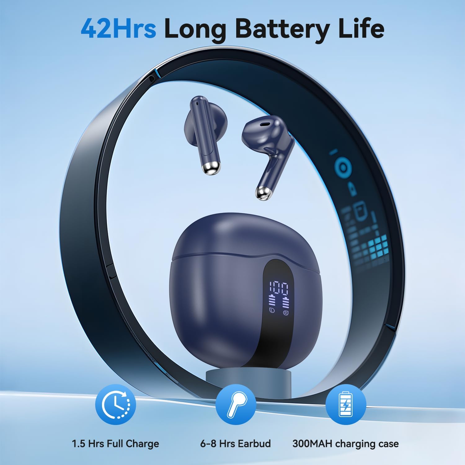 Wireless Earbuds, Bluetooth 5.4 Headphones HiFi Stereo with 4 HD Mic, 50H Playtime Bluetooth Earbuds with LED Display, IPX7 Waterproof Wireless Earphones, Touch Control Ear Buds,USB-C Blue - Image 7