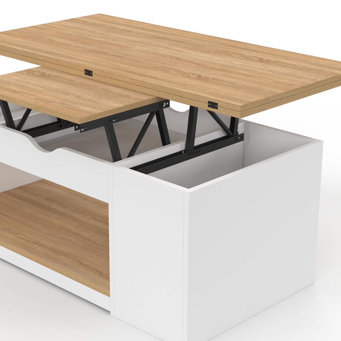 IDMarket – Mesa de centro elevable rectangular Convertible en mesa de comedor ELEA 100 cm, madera blanca y haya
