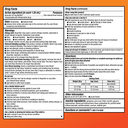 Image of Amazon Basic Care Infants' Ibuprofen Oral Suspension Drops, Pain Reliever and Fever Reducer, 50 mg per 1.25 mL, Berry Flavor, 1 fl oz