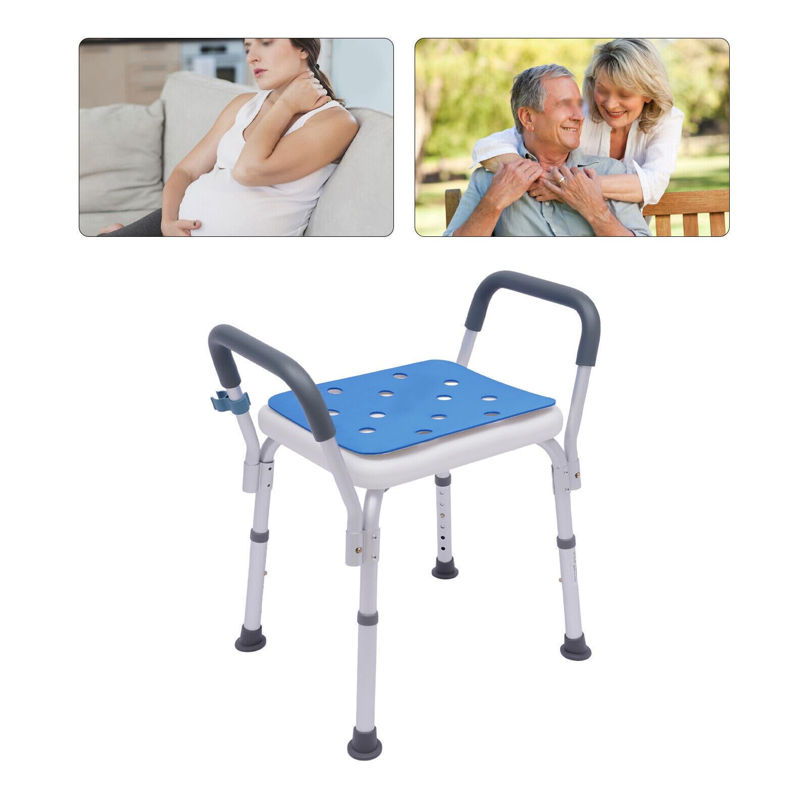 Taburete de baño con ayuda de ducha extraíble con reposabrazos, altura regulable, 150 kg, para personas mayores, embarazadas, discapacitados