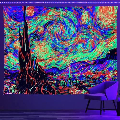 PSYHILAR Van Gogh UV Tapestry Blacklight for Bedroom, Starry Night