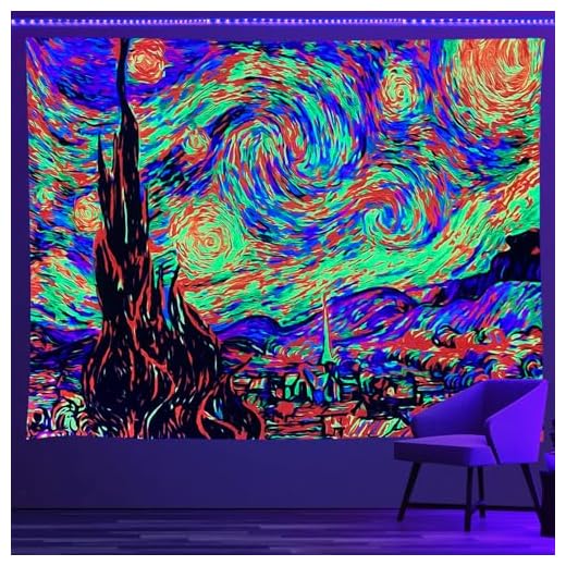 Psyhilar Van Gogh UV Tapestry Blacklight for Bedroom, Starry Night Backdrop Black Light Posters for Adults and Teens (59 x 51 Inches)