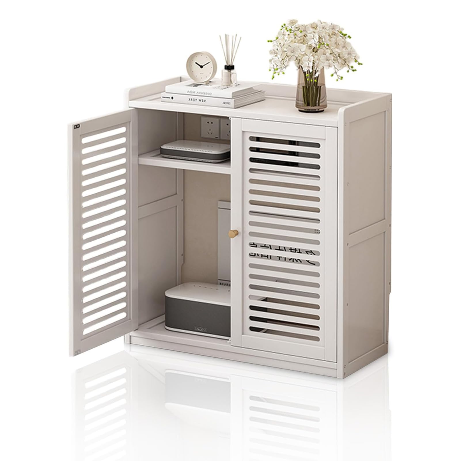 Consola de medios para router con estantes ajustables y puertas magnéticas de madera