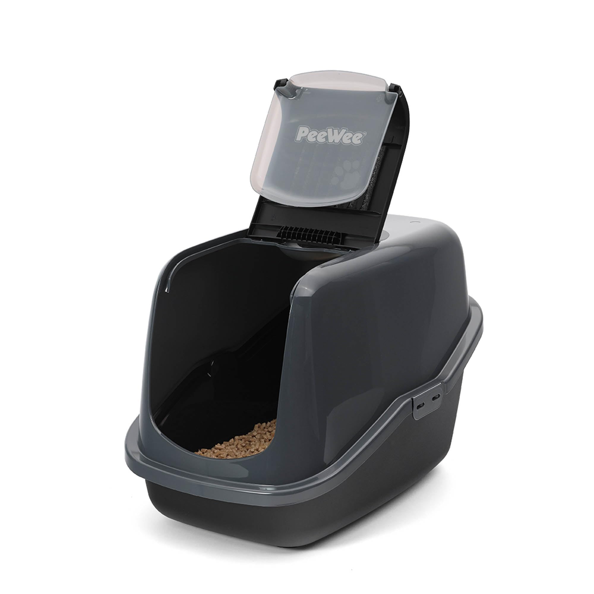 Katzentoilette PeeWee EcoHus Katzenklo mit Haube Katzen WC geschlossen inkl. 3kg Streu Holzpellets, Farbe:Schwarz-Anthrazit