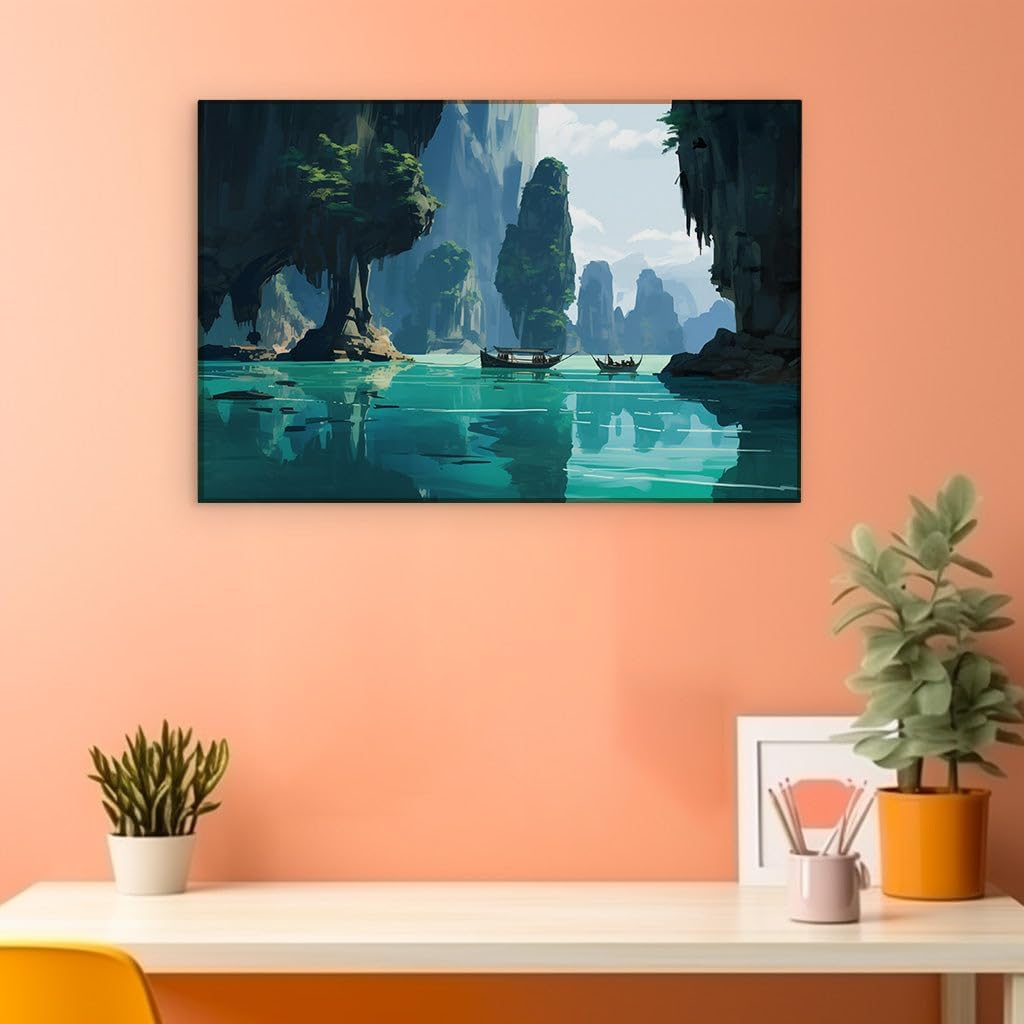 Canvas for Living room. Serene Escape Amidst Cliffs and Crystal Waters, 27 x 18 inch Canvas Wall Art - Contemporary Masterpieces - Modern Home Decor - 69x46 cm (27x18 inch)