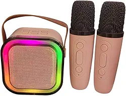 Caixa de Som Bluetooth com Karaokê – Acompanha 2 Microfones – Som Potente e Bateria Recarregável (Rosa)