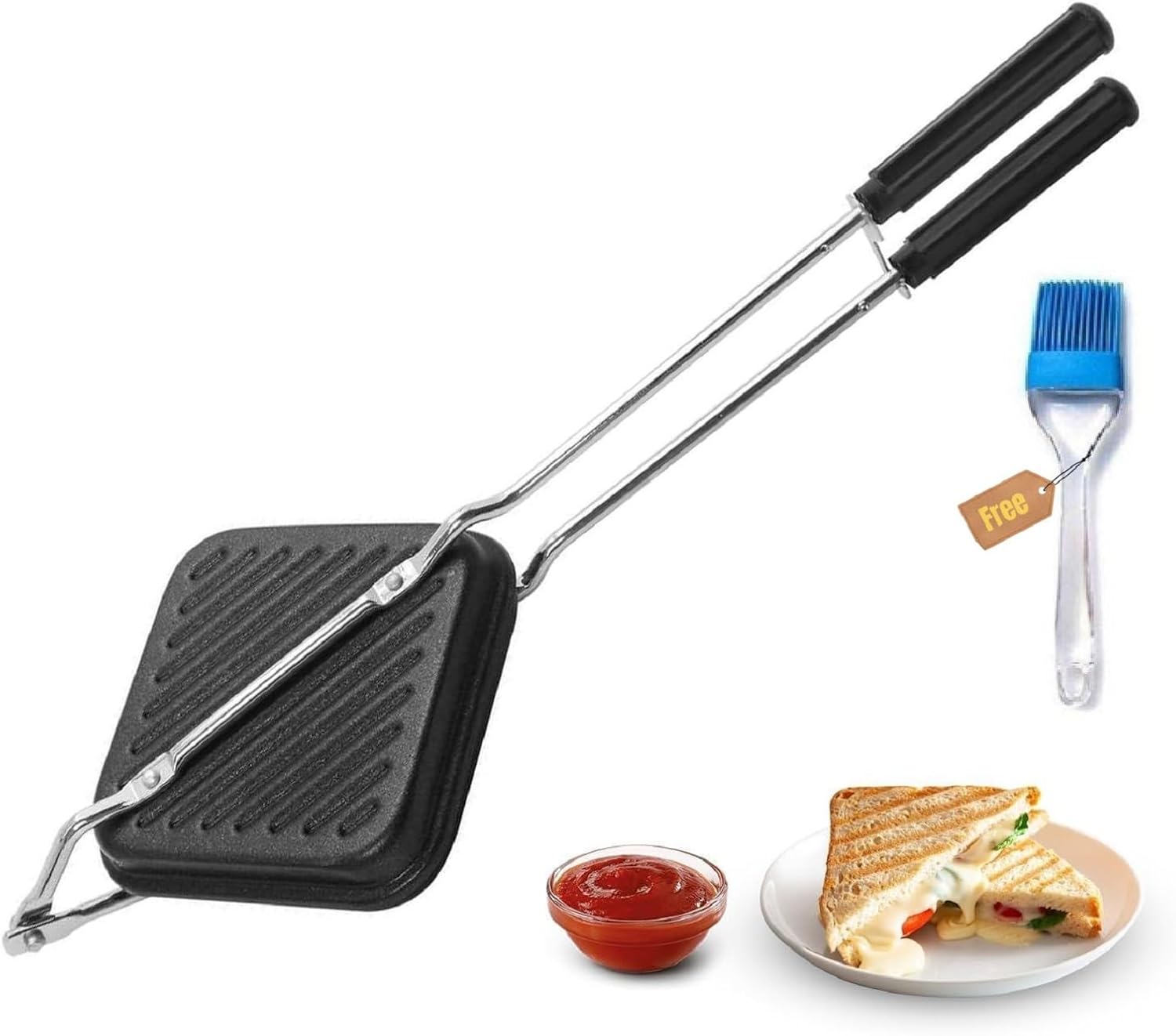 Non-Stick Grill Sandwich Toaster with Nylon Brush | Gas Stove Compatible, Easy to Clean, Ideal for Grilled Sandwiches, Paninis & Tikkas | Durable Aluminium Body (Black)