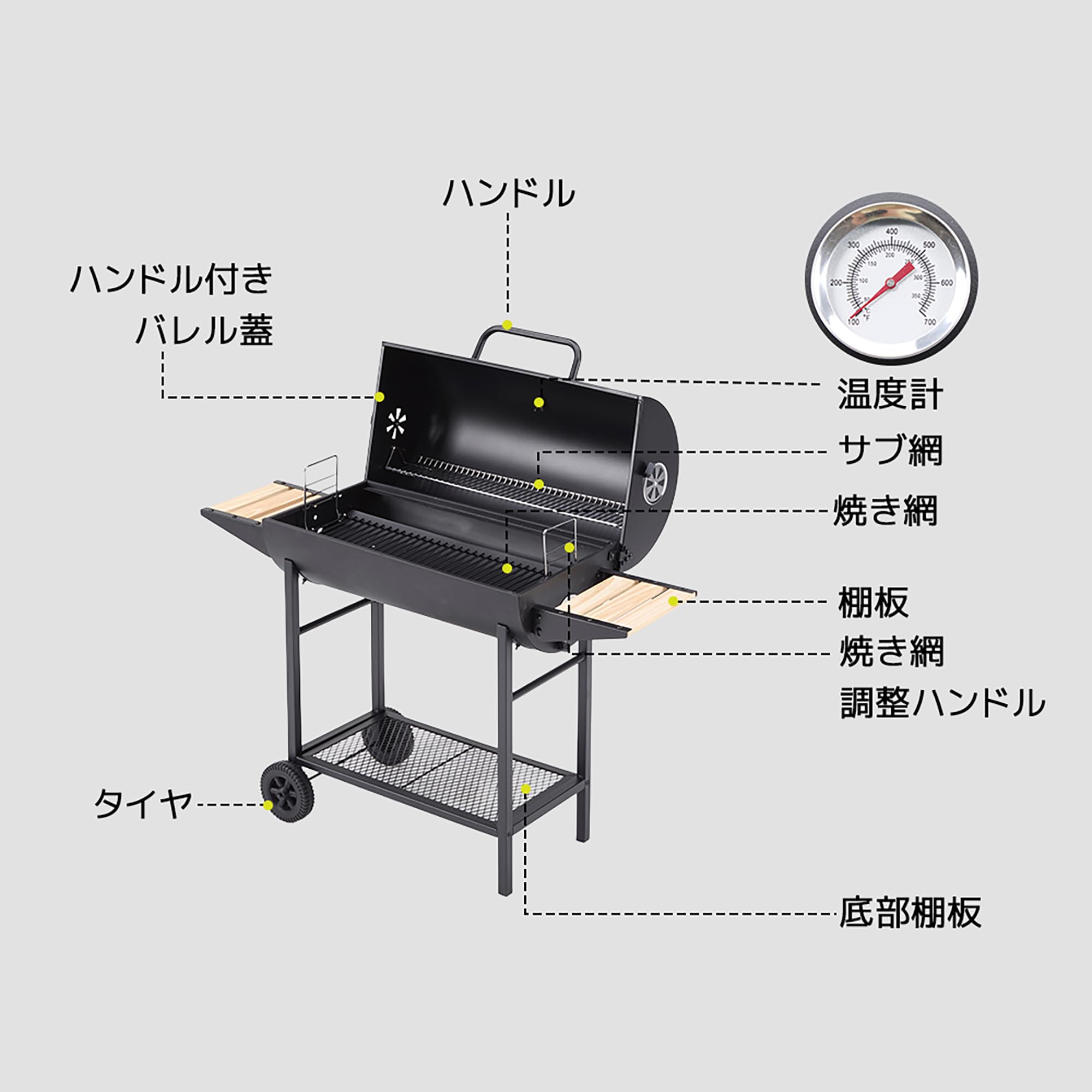 バーベキューコンロ BBQコンロ 焼き網 温度計 通気口 バレル蓋サイド