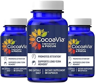 Memory & Focus Brain Supplement, 90 Day, Cocoa Flavanol Blend, Lutein, Added Caffeine for Boost. Improve Cognitive Function, Attention, Vegan & Plant Based, 90 Capsules