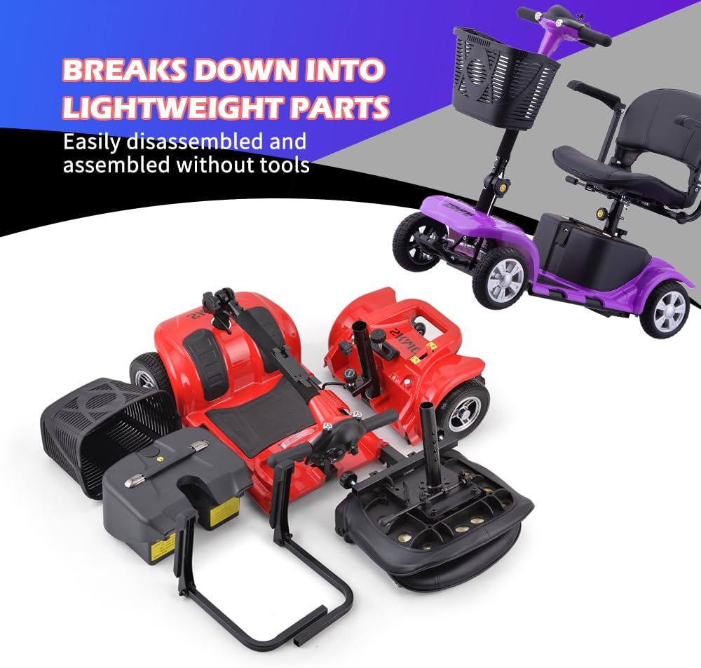 The mobility scooter disassembled into its lightweight components, including the seat, battery pack, and main frame.