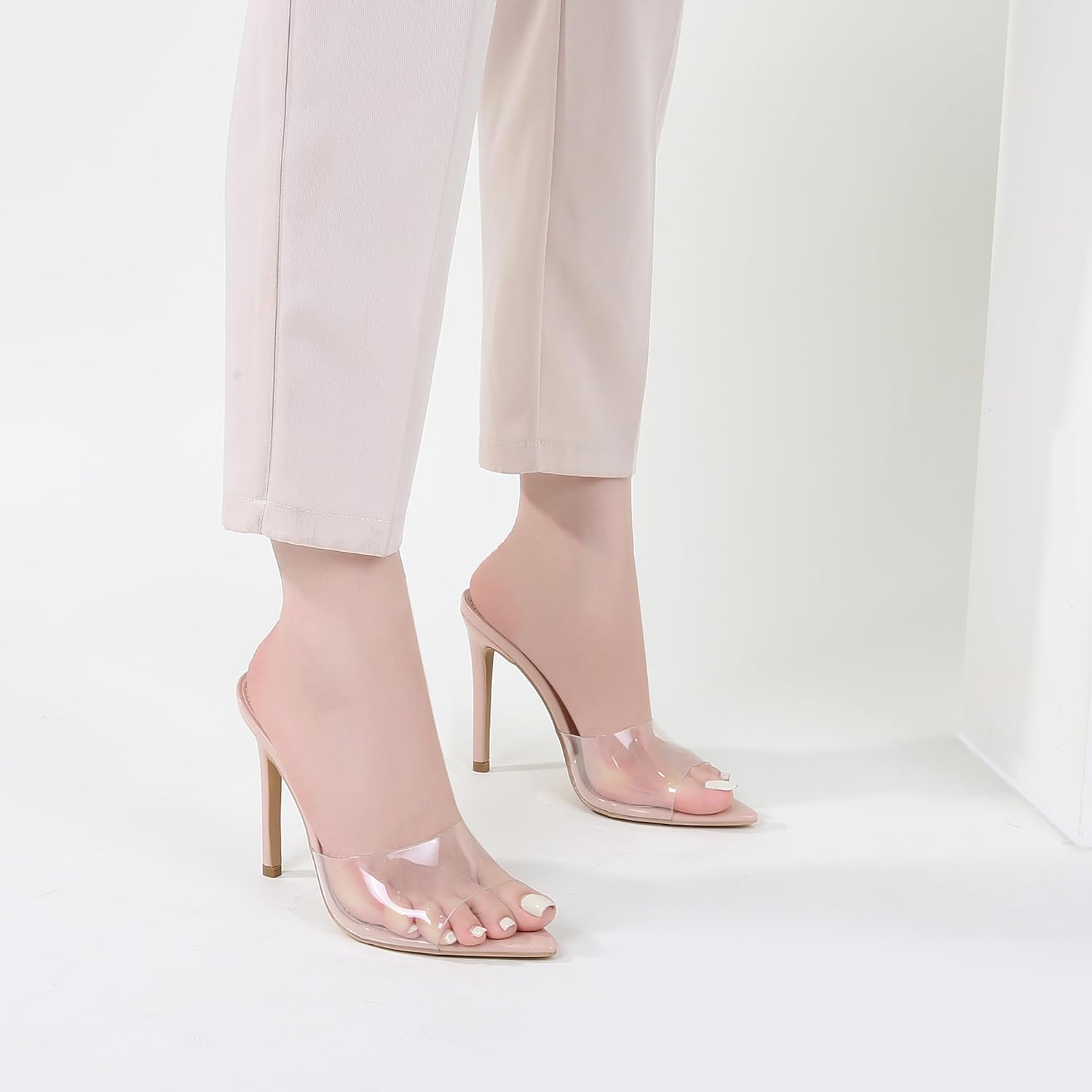 Women Clear Pointed Toe Sandals Stiletto Heels Transparent Strap High Heels Slip on Mules for Women - Image 9