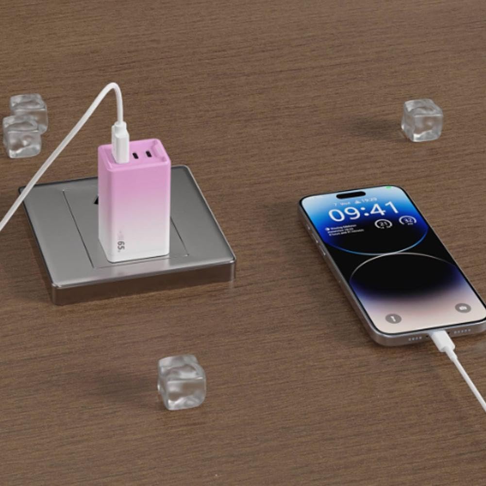 Cargador de viaje GaN de 65 W, cargador USB GaN de 3 puertos, con cable USB y 2 PD, estación de viaje de carga rápida para teléfono y portátiles (rosa)