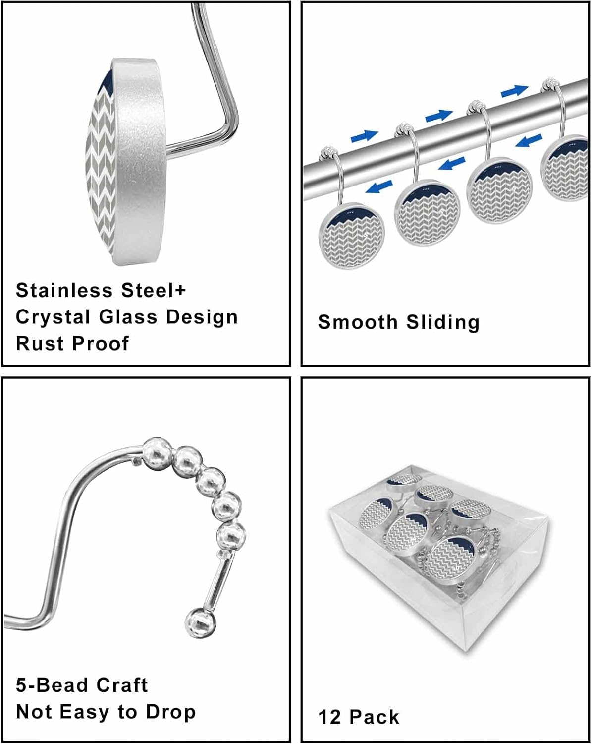 Shower Curtain Hooks,Stainless Steel Shower Curtain Rings with Geometric Chevron Pattern Navy Blue Crystal Glass Design Rust-Resistant Decorative Shower Curtain Hooks for Bathroom 12PCS