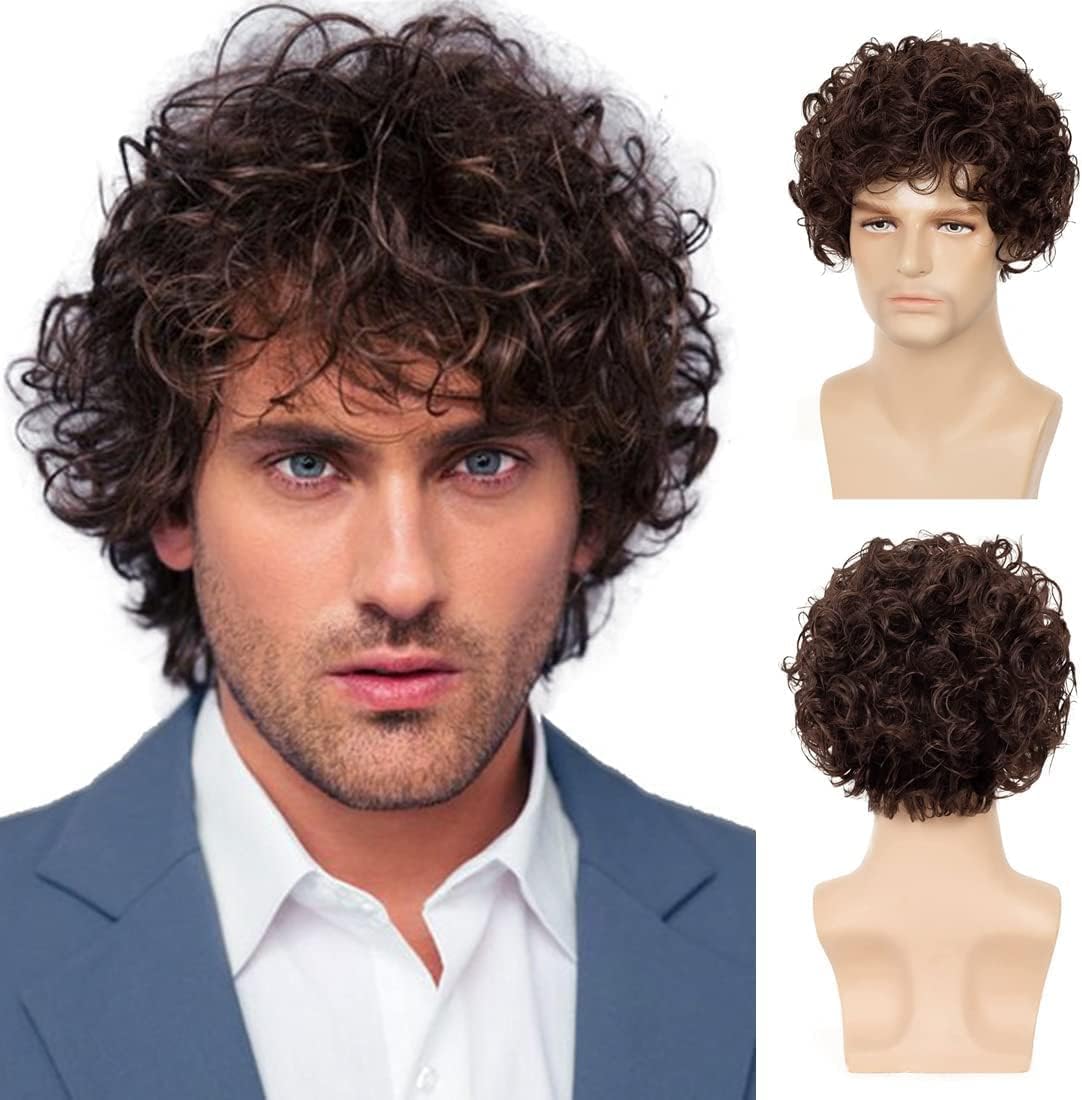 – MAKINGTEC Mens Wigs Curly Short Brown Layered Wig Syntheric Replacement Cosplay Costume Party Daily Wear Hair Wig with Cap, Natural Looking Heat Resistant Synthetic Wigs Halloween
