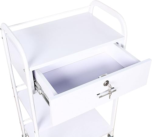 Miniatura 7 de Carrito utilitario rodante de 3 niveles con ruedas, carrito de esteticista móvil blanco con un solo cajón con bloqueo, carrito de servicio médico