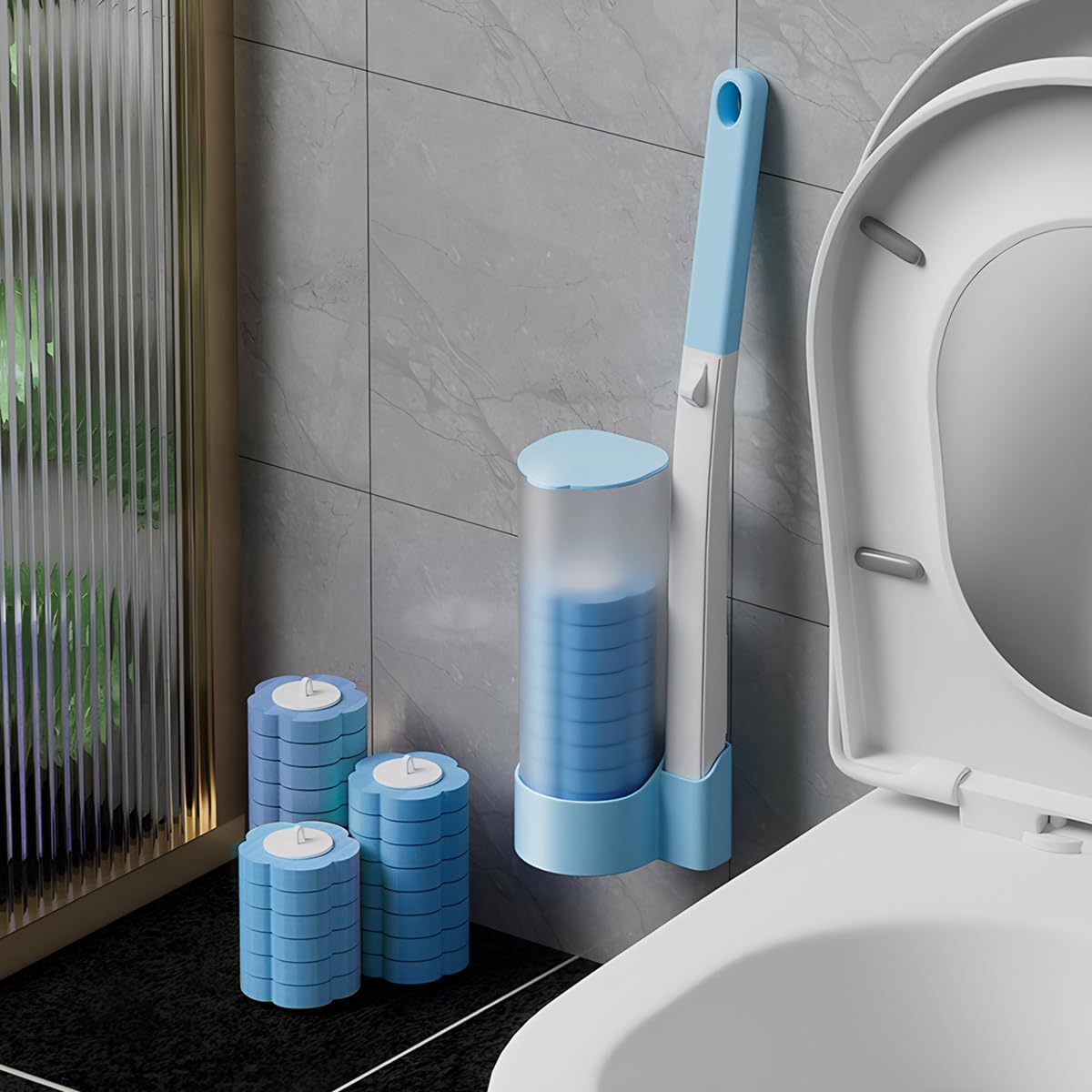 Scopino usa e getta, spazzola per WC con detergente, pulizia profonda a 360°, manico lungo e supporto per WC, lavabo e bagno (grigio