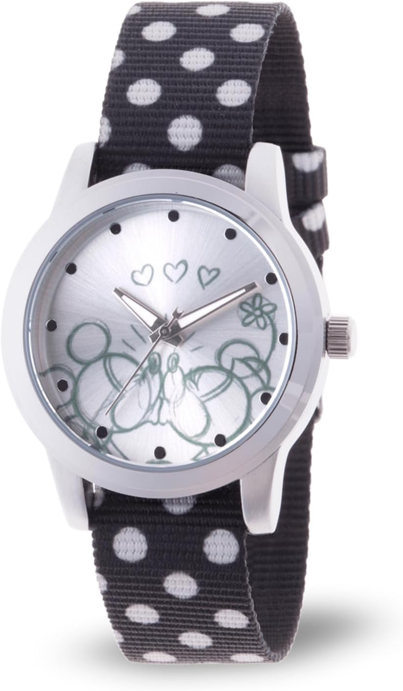 Officially Licensed Mickey and Minnie Mouse Watch for Women, Officially Licensed Analog Watch with Pink Nylon Band, Waterproof, Gold Case, Quality Materials